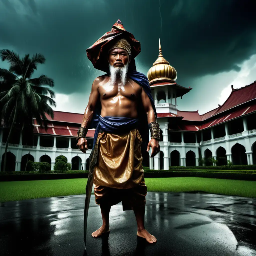  full body shot, an aged malay warrior, bearded face, he spread a piece of cloth over his head, becoming very large dome to protect him from rain. he wears warrior attire, samping cloth, malay head dress. background is in front of malay traditional palace and lawn, during thunderstorm. dim, dramatic lighting. dynamic pose. wet effect, water splashing. image is mystical, magical, dramatic. professional color grading. Sony HDR, Ultra details Realistic  