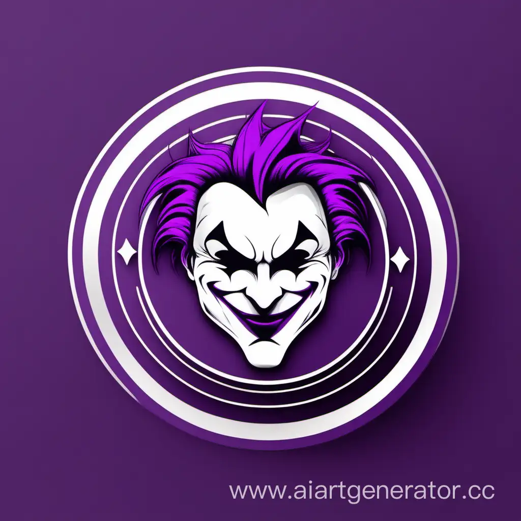 Круглый логотип в фиолетово-белом цвете. Связанный с игральным джокером (из игральных карт) .