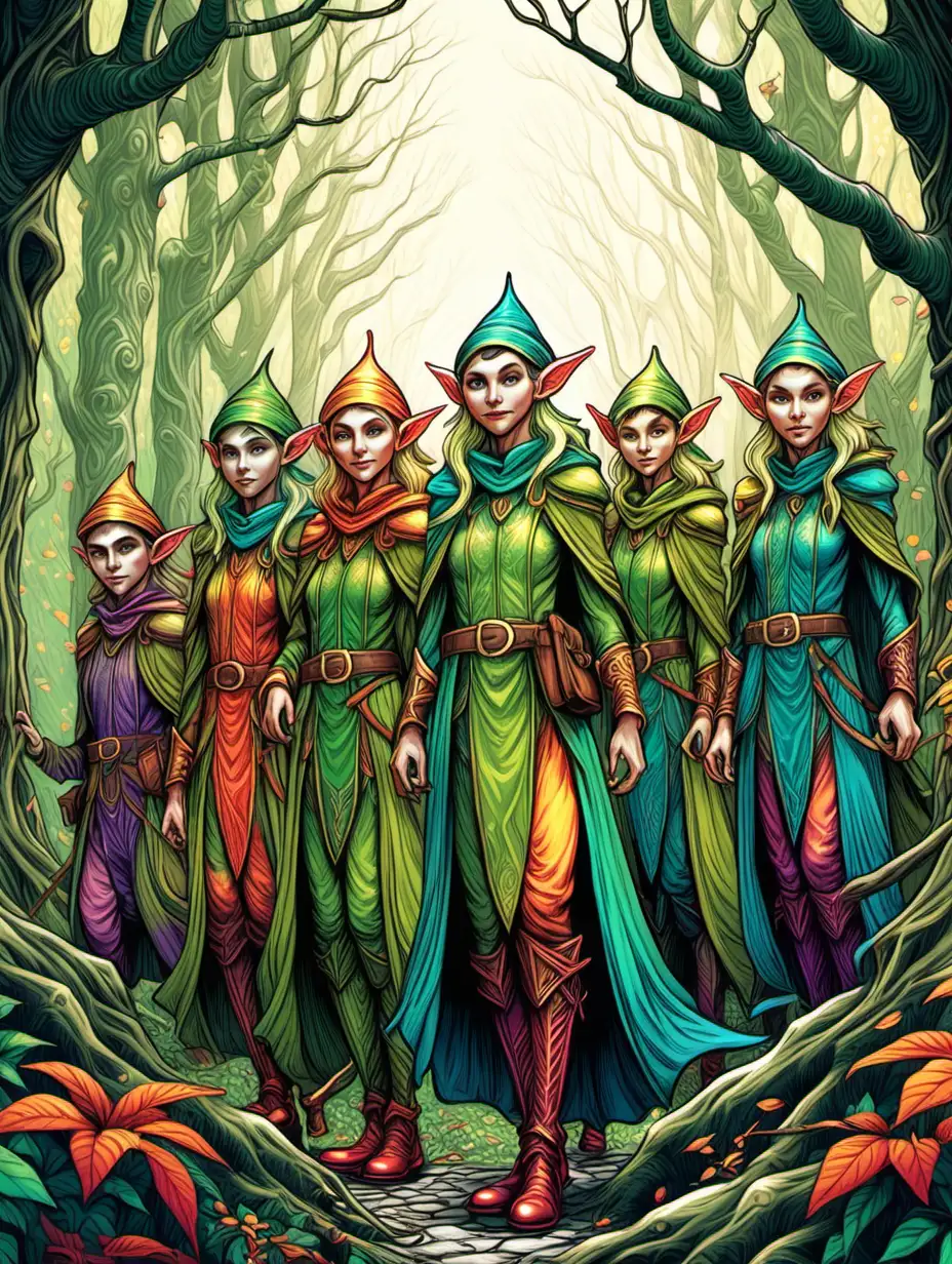 illustration, elves, thick lines, low detail, vivid color