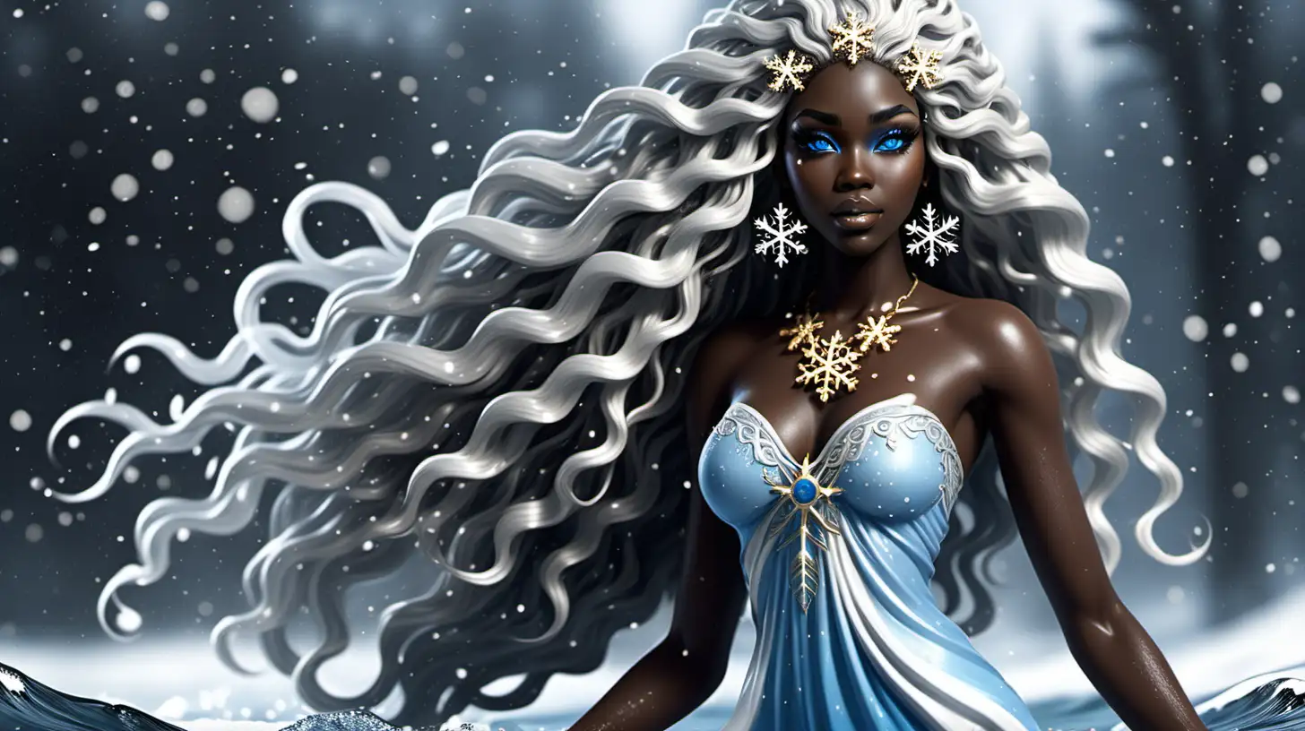 Dark skin snow goddess full body theme colors are white, silver, blue, gold, with snowflake contacts in eyes with long water wave texture hair