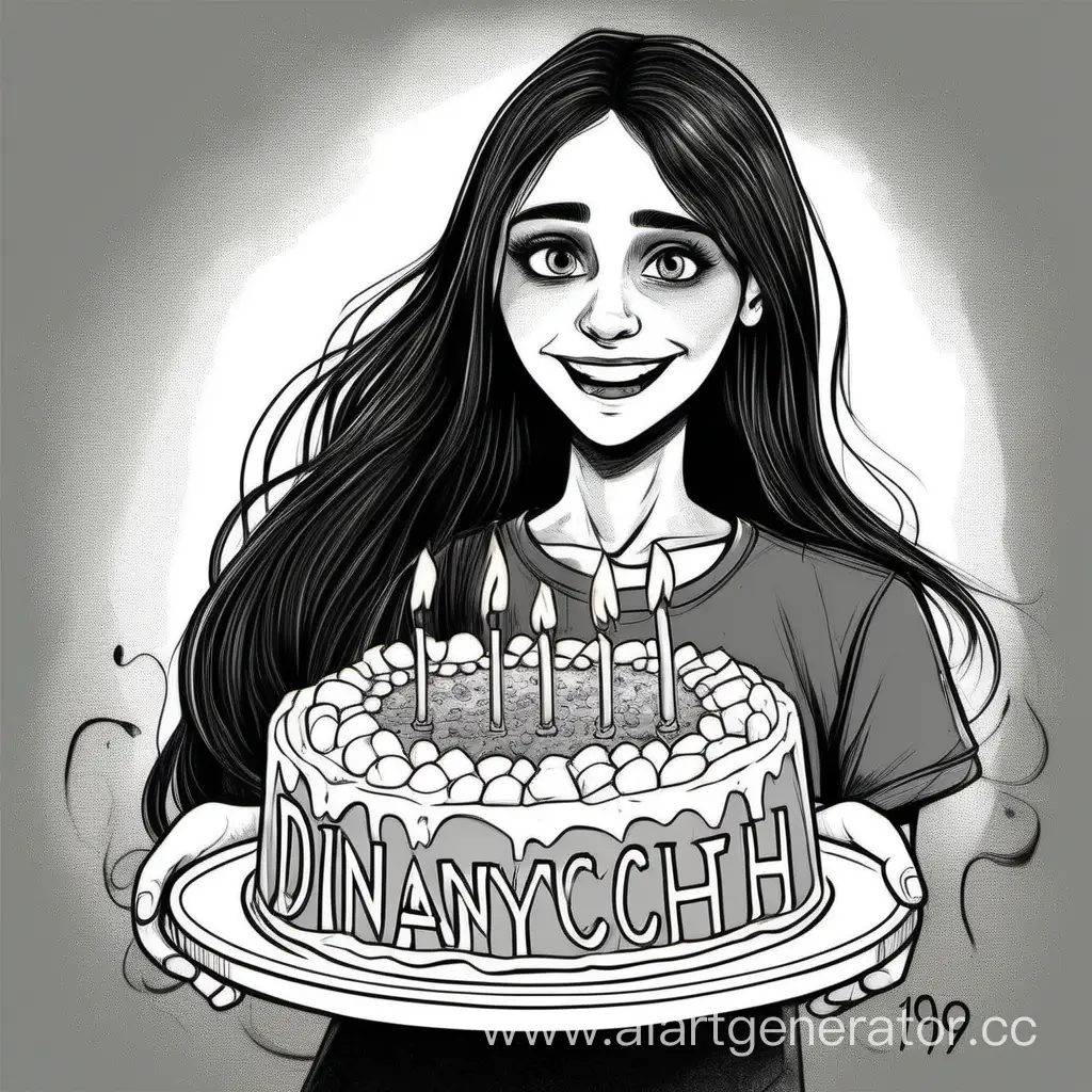 Девушка с длинными тёмными волосами, тёмные глаза, принемает торт с надписью "Дианыч 19 лет ещё не старость" в смешной рисовке