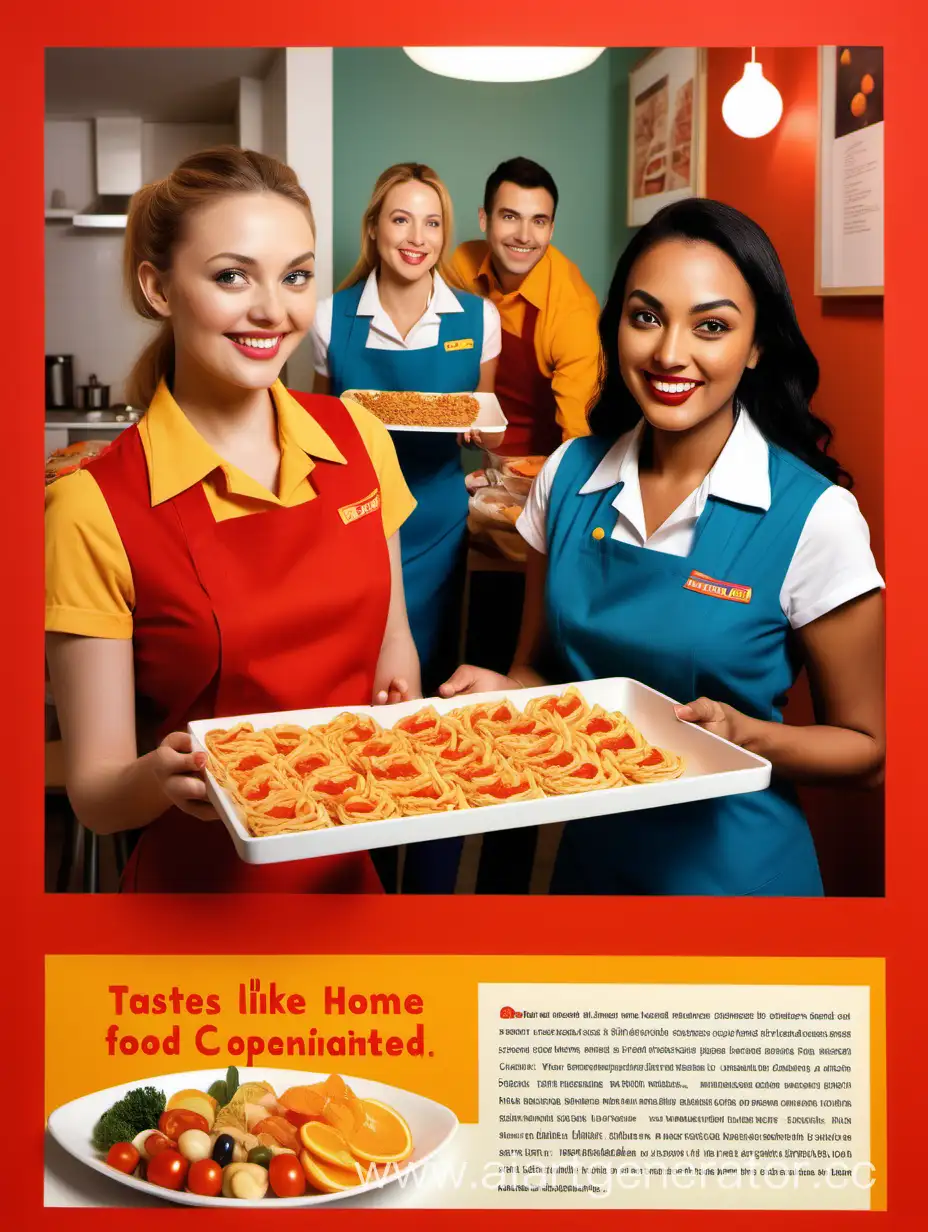 реклама современной закусочной, специализирующейся на домашней еде. На картинке присутствует официантка, гости.  Действие происходит в 2024 году
детализированная фотография
Слоган: "Вкусно, как дома"
Превалируют красный, оранжевый, желтый цвета