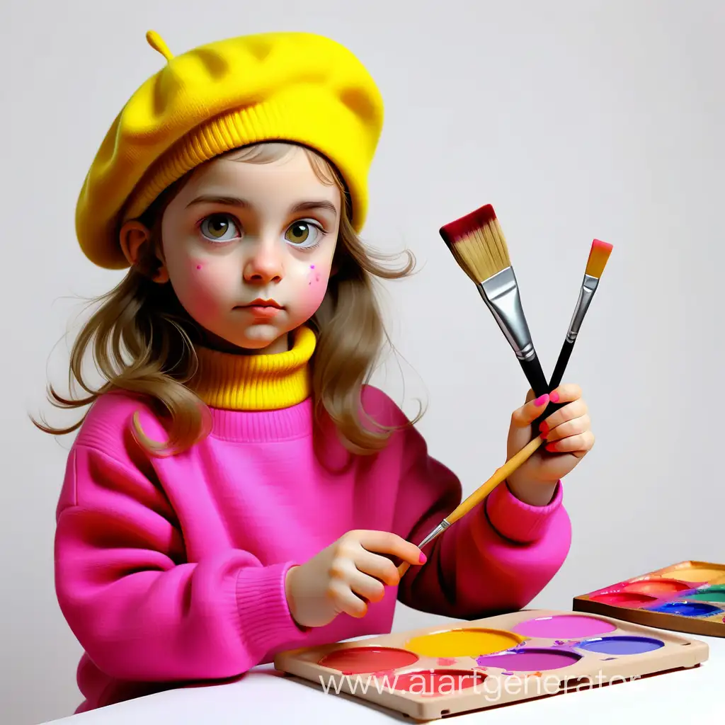 Ребенок девочка  художник в желтой кофте с ярко розовым беретом , в руках с палитрой и кисточкой на белом фоне