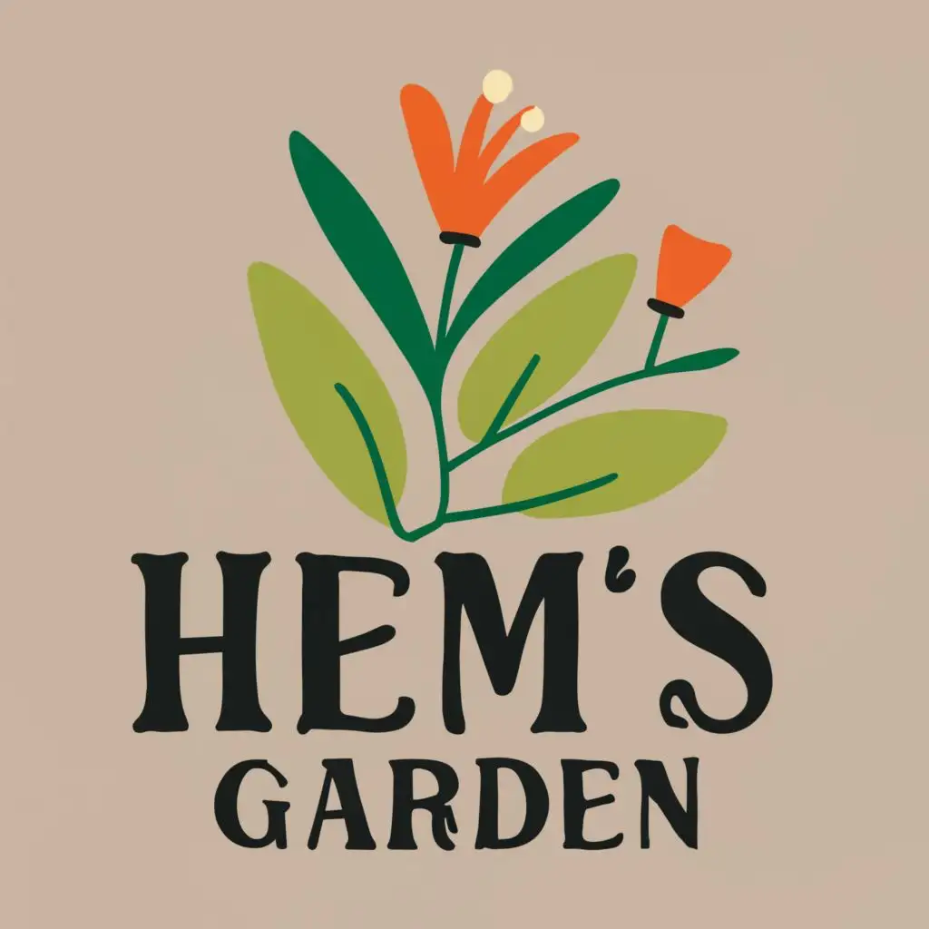logo, a flower plant, with the text "Hem's Garden", typography
