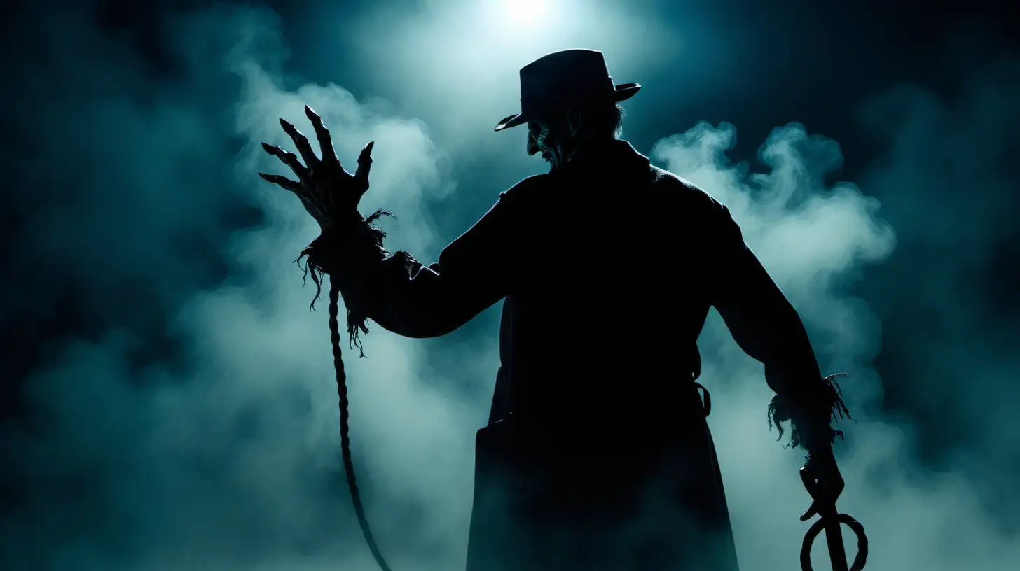 The silhouette of Freddy Krueger with his knified fingers
 seen from behind holding a whip in one hand, anthropomorphic, in a dimly lit scene with fog, monochrome Blue-black noir film, 80s crime scene, dark theme --s 200 --style raw --ar 16:9 --v 6.0