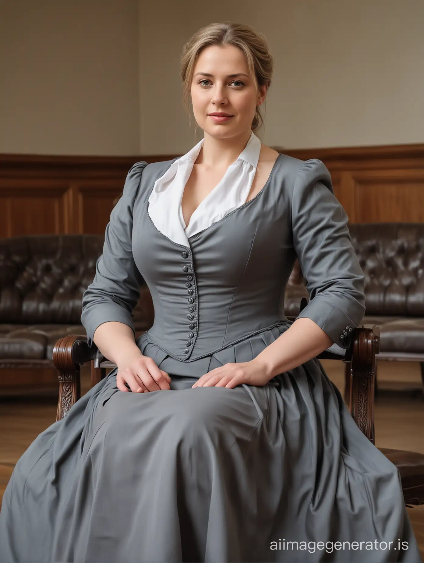 full size picture of a strict German governess sitting in a large hall, 40 years old, curvy figure, waiting for you, looking at you, stern face, strong upper arms, very wide hips, long gray skirt, ultra-realistic