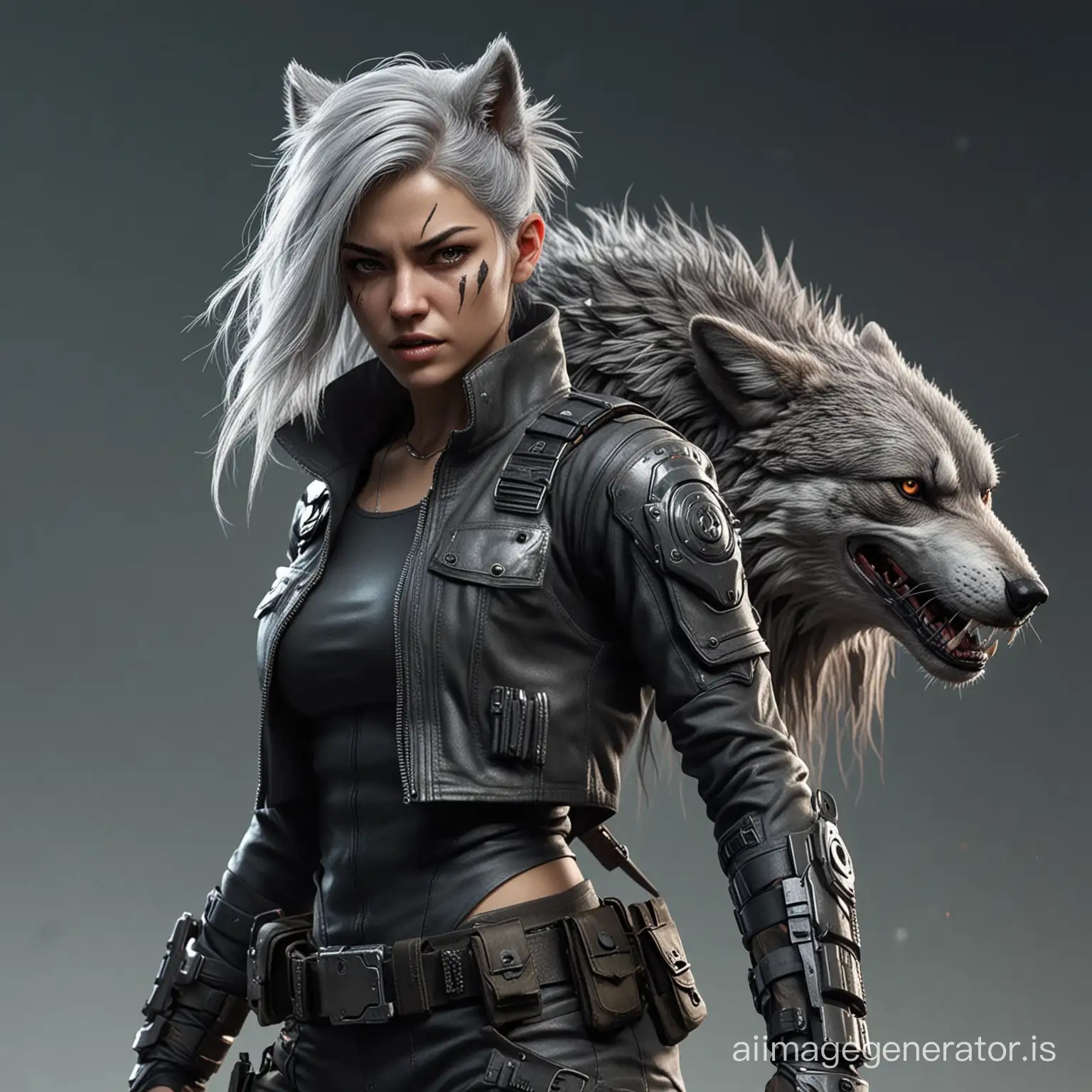 a grey haired  She Wolf warrior ready to fight in cyberpunk