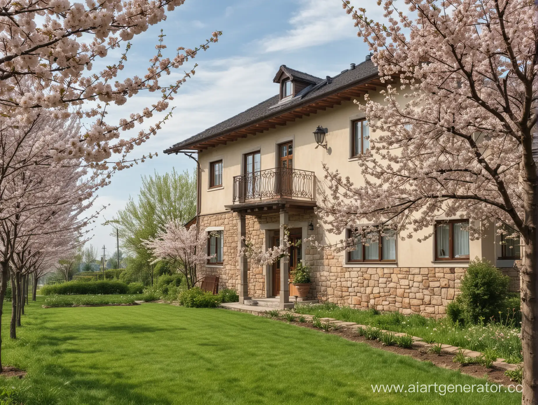 Blooming-Cherry-Garden-at-Estate-with-TwoStory-House