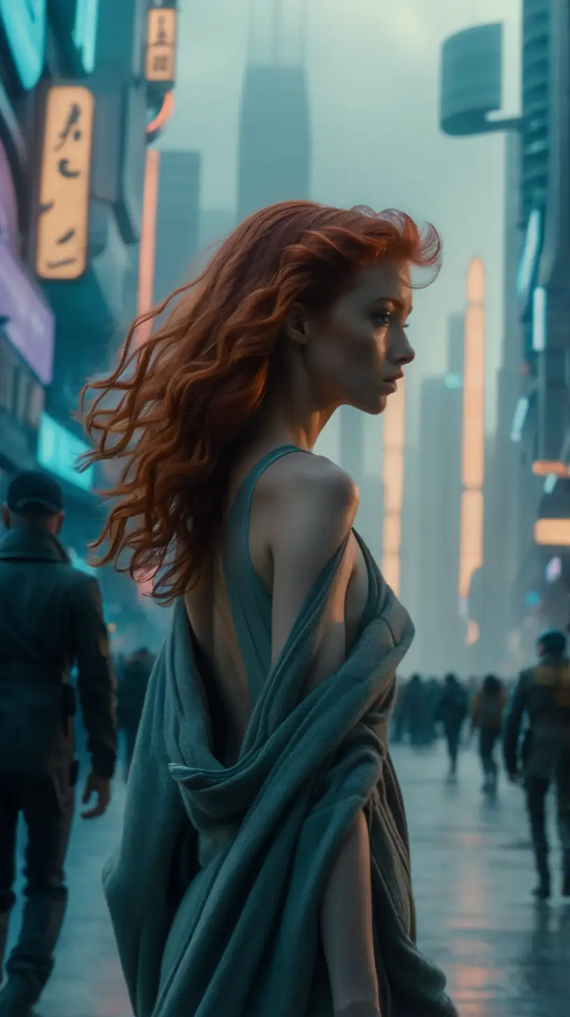 redhead woman, длинные кудрявие волоси, идет посреди оживленной улицы футуристического города, nude, стиль блейдранер 2049, кинематограф, ростовой кадр
