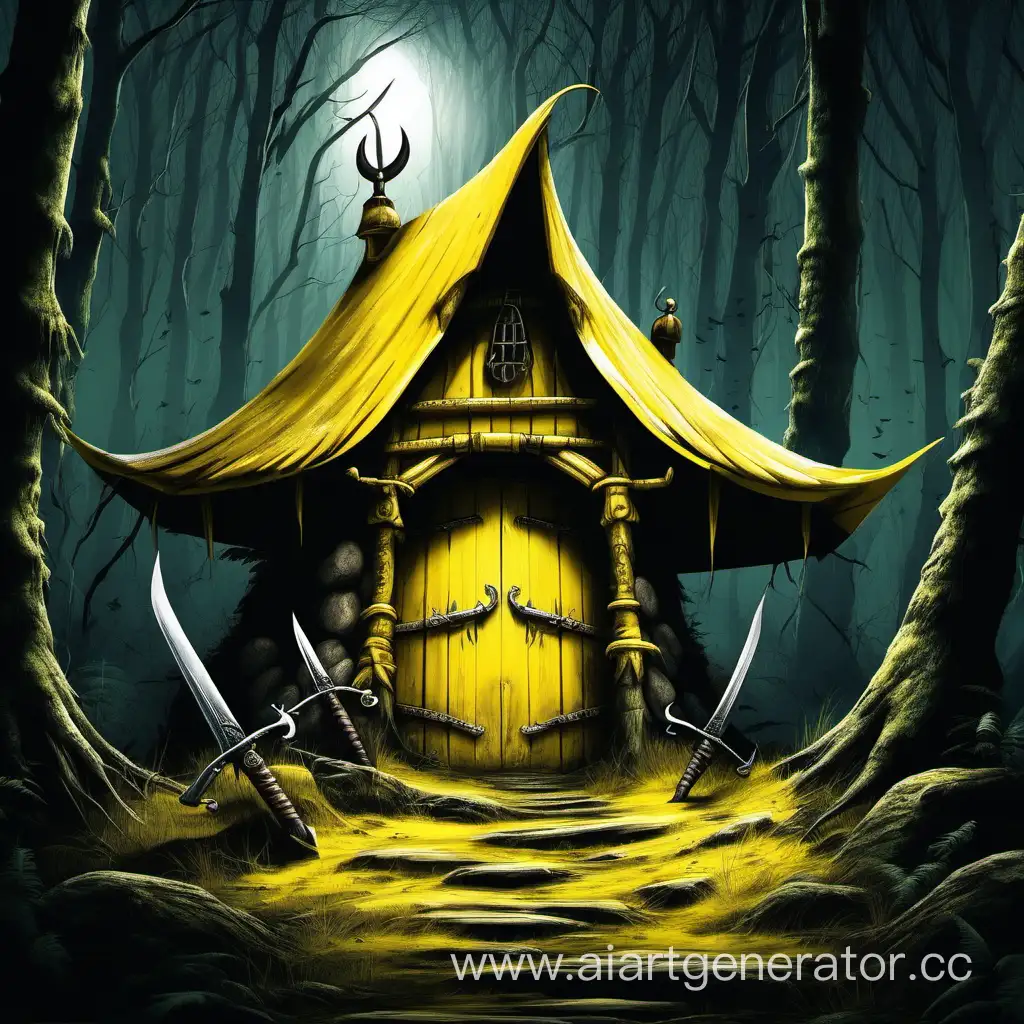 Enchanted-Yellow-Hut-with-Sword-Entrance-in-Dark-Forest