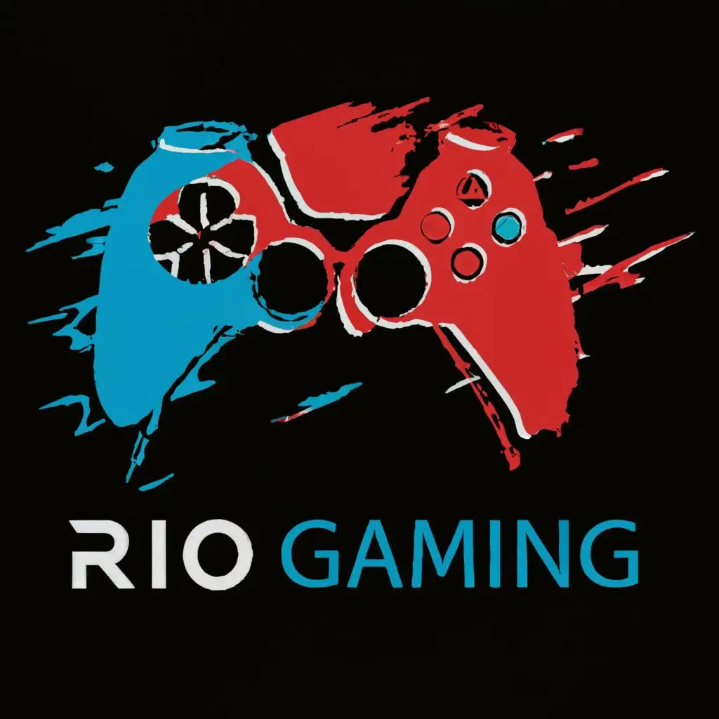 logo, Console PlayStation 5 with Red Color on the Right Side and Blue Color on the Left Side, with the text "Rio Gaming", typography