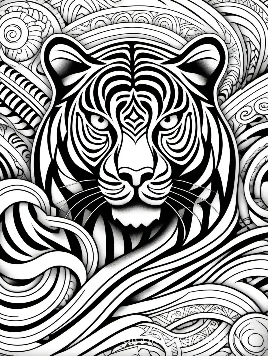 overlapping scared Maori sleeve tattoo style patterns creating tigers, Coloring Page, black and white, line art, white background, Simplicity, Ample White Space. The background of the coloring page is plain white to make it easy for young children to color within the lines. The outlines of all the subjects are easy to distinguish, making it simple for kids to color without too much difficulty