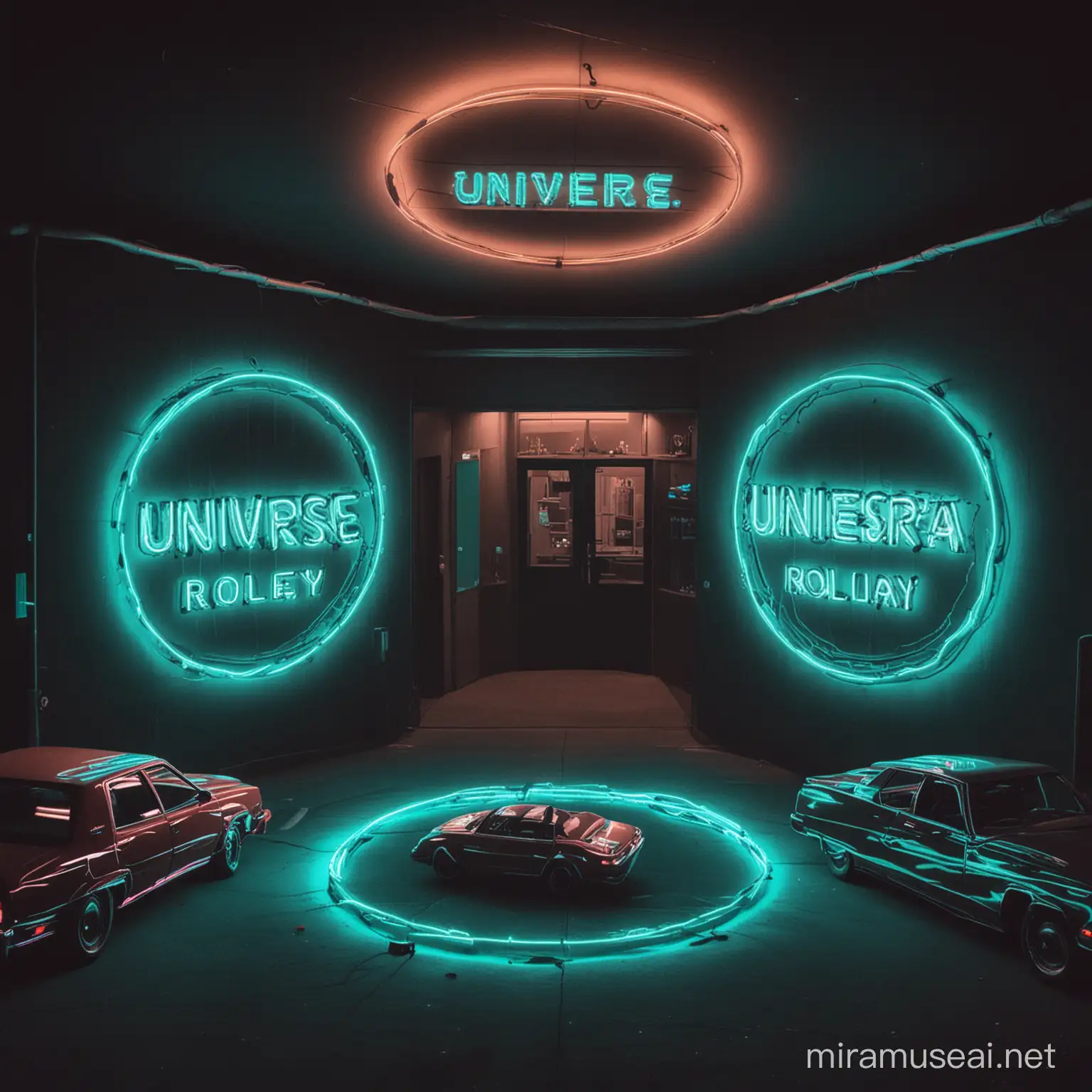круг с неоновой надписью Universe Role Play берюзового цвета а рядом стоят 2 машины