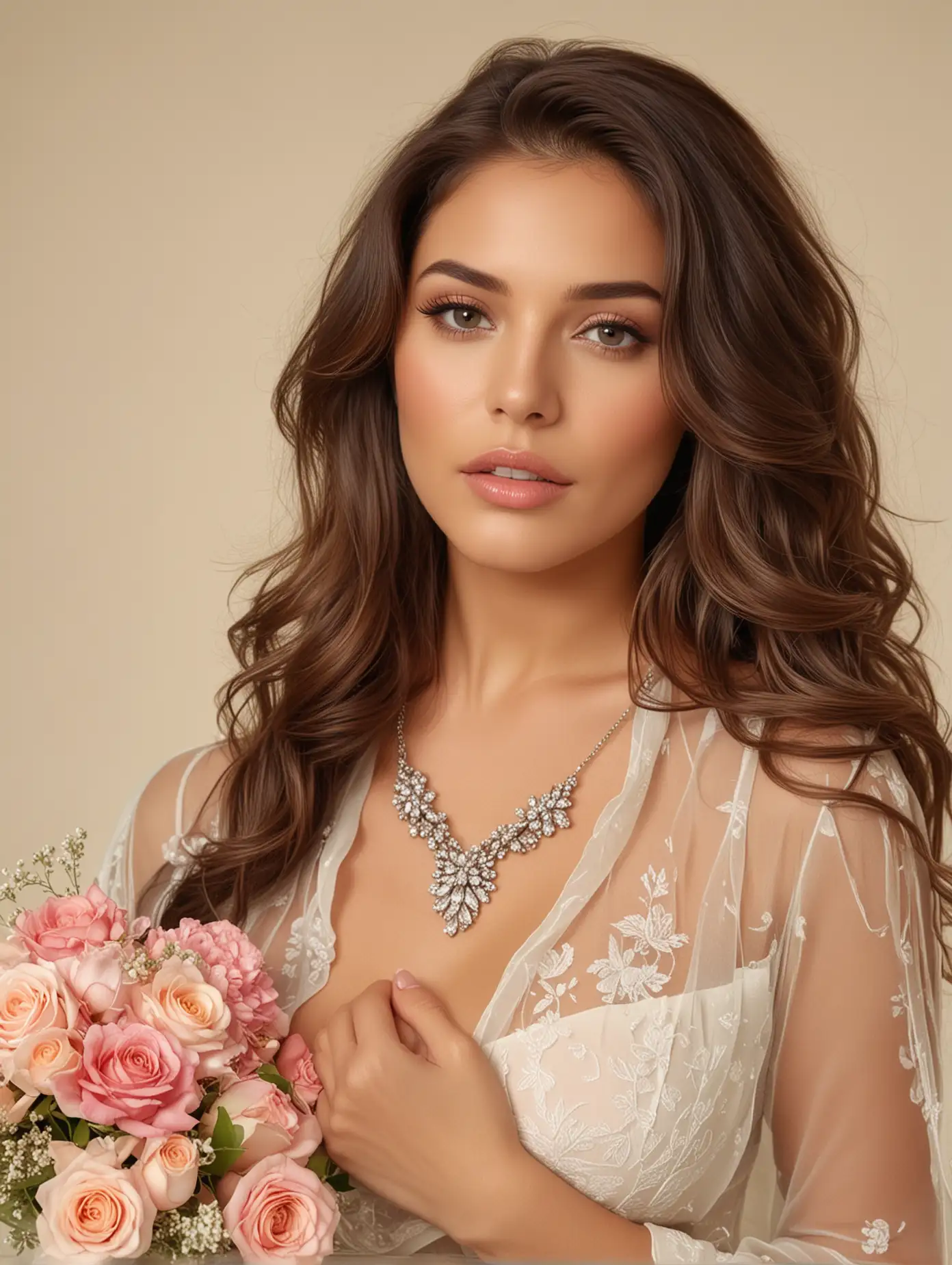 photoshoot with beige background of beautiful woman, dressed nicely with sheer blouse, nice jewelry, beautiful big nude lips, makeup, long wavy hair, with captivating eyes and a passionate expression, holding a big bouquet of flowers to her chest, ultra-realistic --ar 3:2 --style raw --v 6, 0