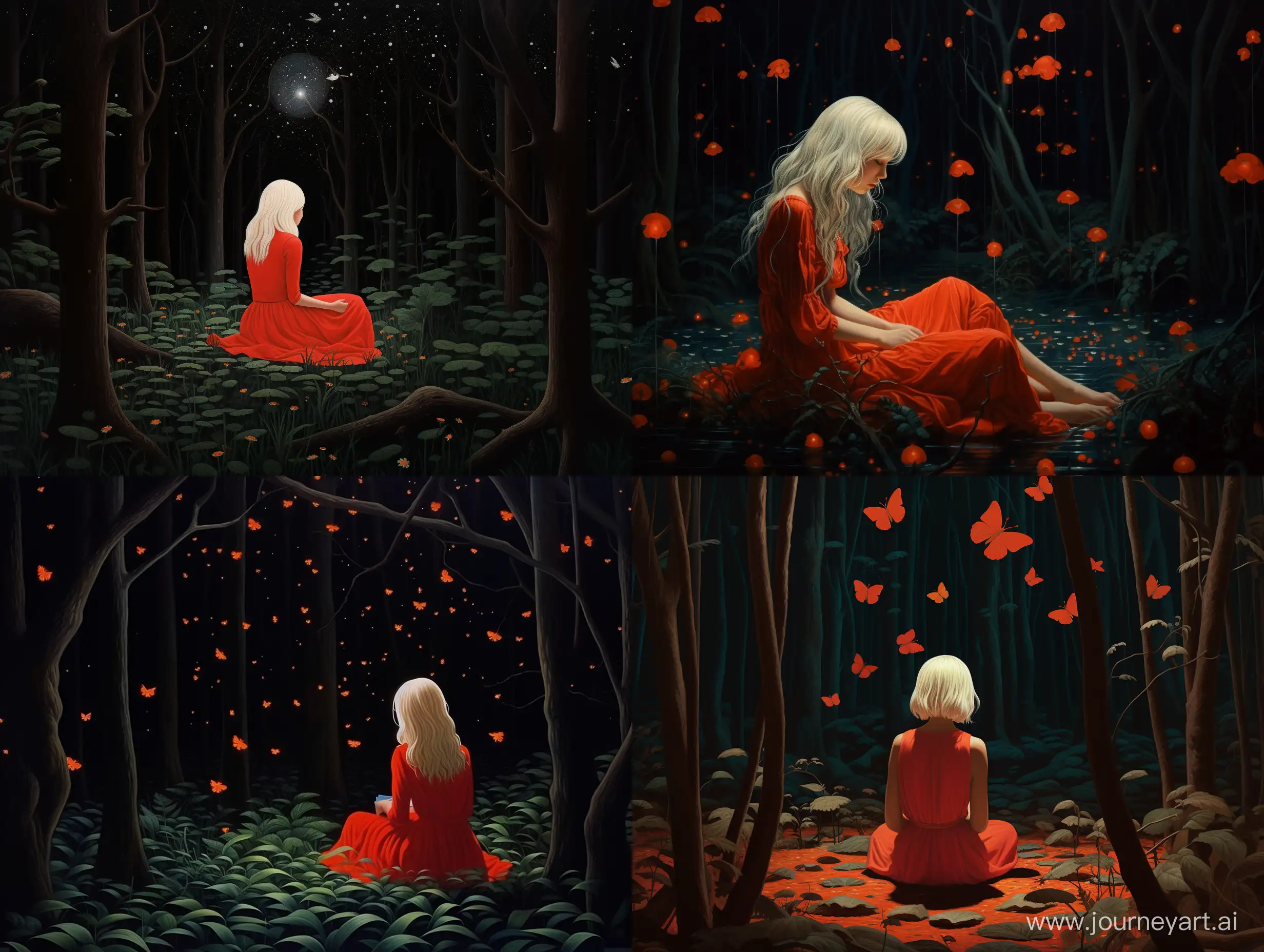 Девушка в пышном красном платье сидит в лесу. У нее белые волосы. Вокруг лес темный, везде летают светлячки