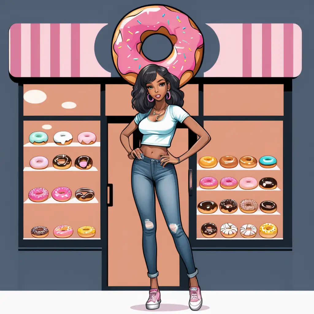 Create anime style full body logo of doughnut shop, sexy black american woman standing outside of shop posing,