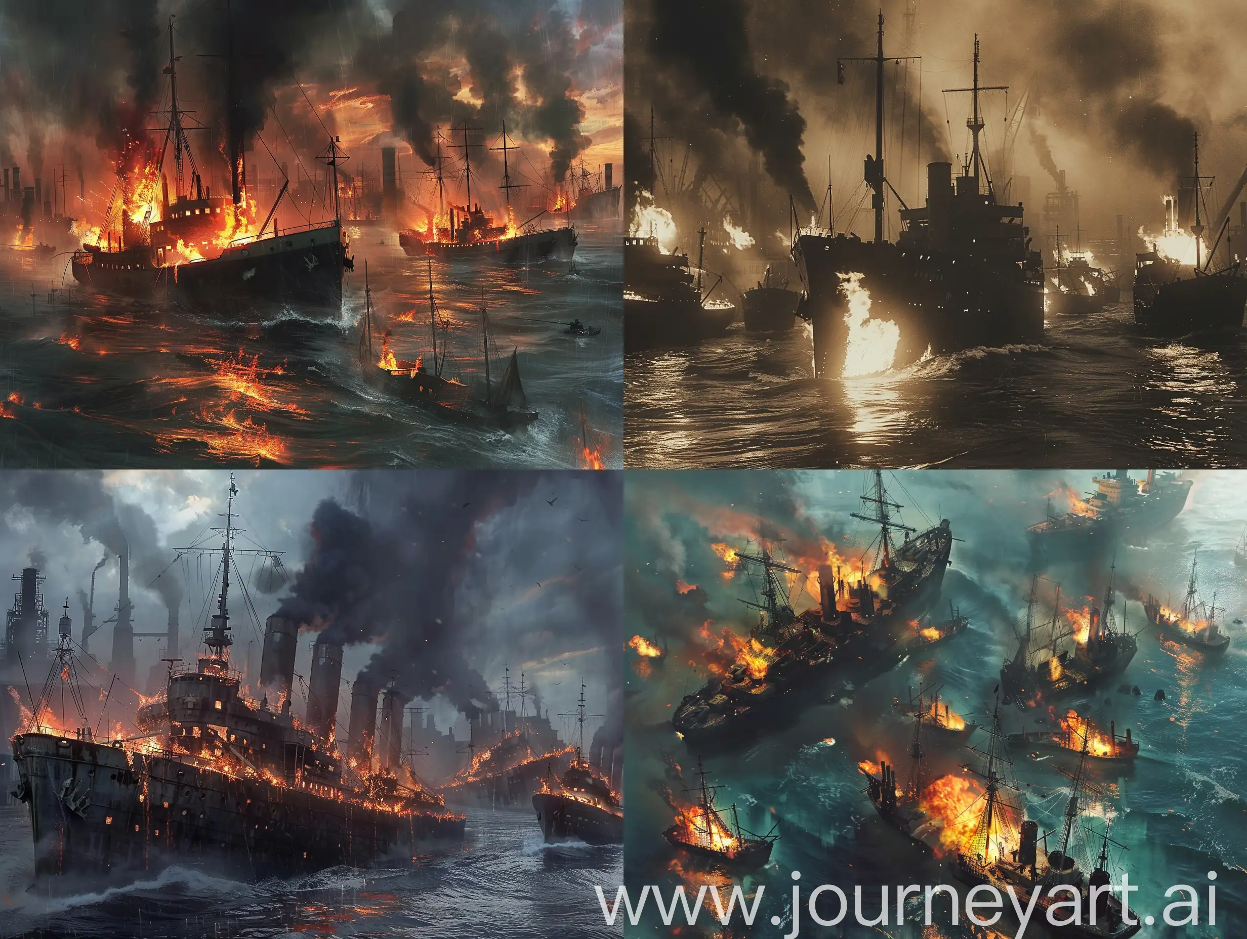 Dramatic-Scene-Burning-Ships-Amidst-Industrial-Factories