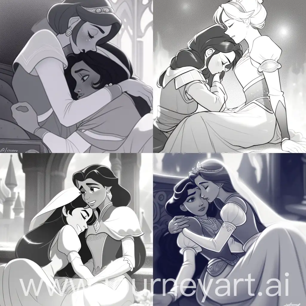 Lesbians sleeve short princess snow white crying drop hug sitting lying head against the chest Princess jasmine rip and Disney 1937s side view not colore 