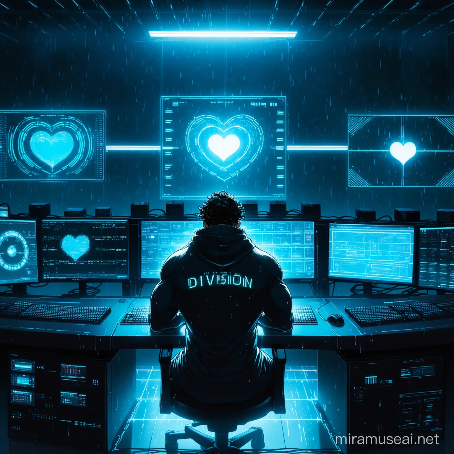 A high tech control room, dimly lit with blue light. An Latino man with thick biceps to match sleeps hunched over on his desk  in front of Several holographic screens float above him. He wears a dark hoody and combat boots his hair is short wet curly ringlets on the holographic screens is the heart rate og 70bpm on the back of his chair is the title Division 5