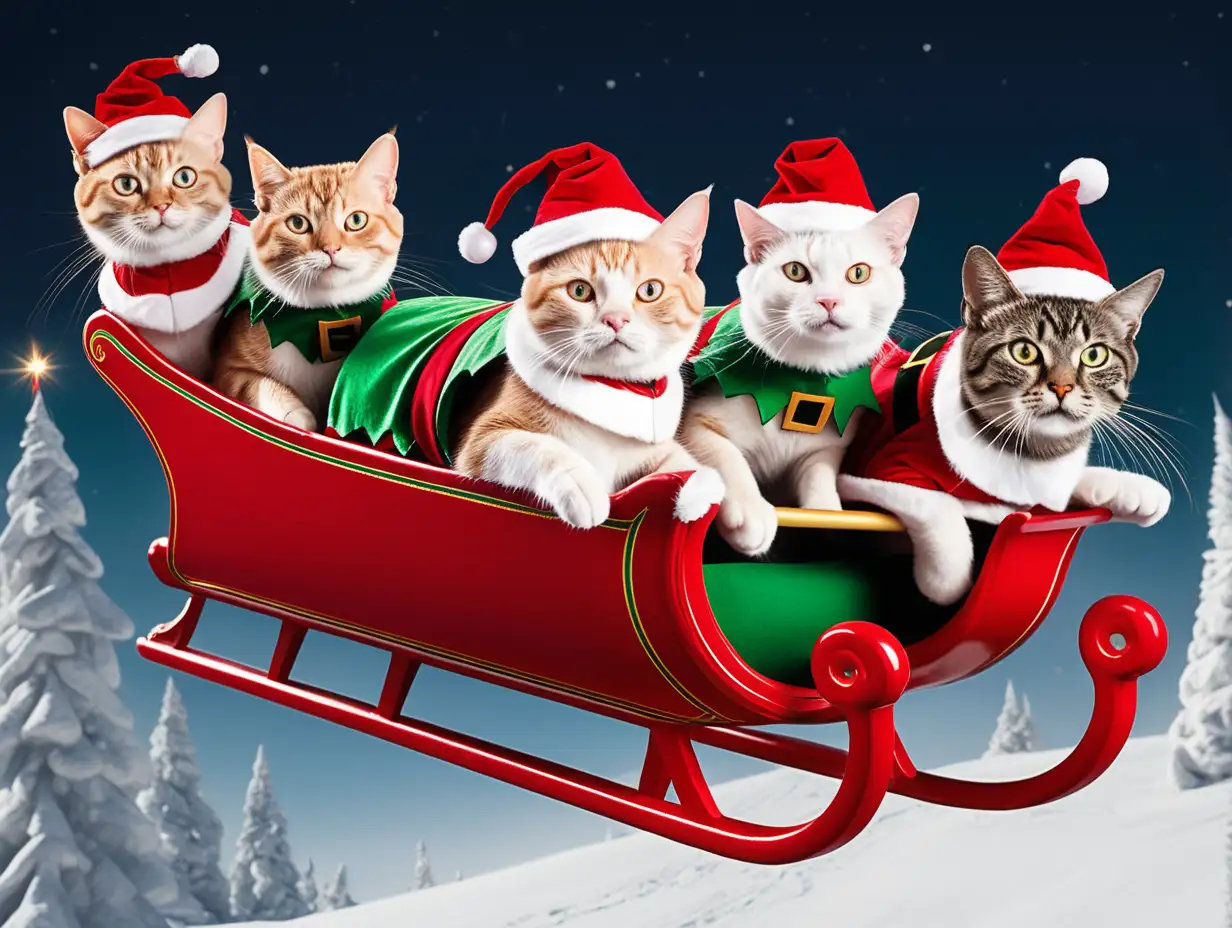 3 cats wearing elf costumes in Santa's sled led by a red nosed reindeer flying over the North Pole
