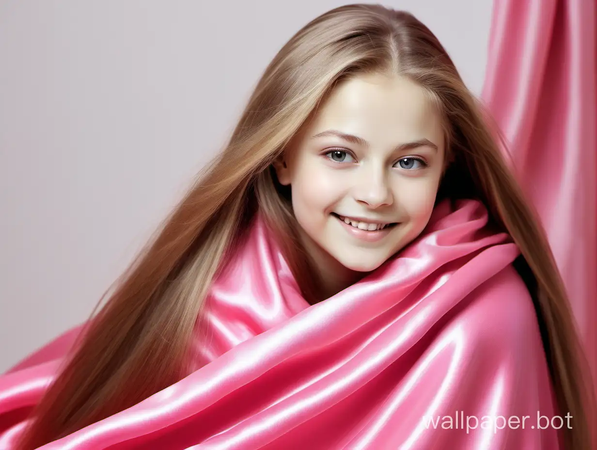 angelically smiling Yulia Lipnitskaya with long straight silky hair under luxury, bright pink silk chocolate blanket