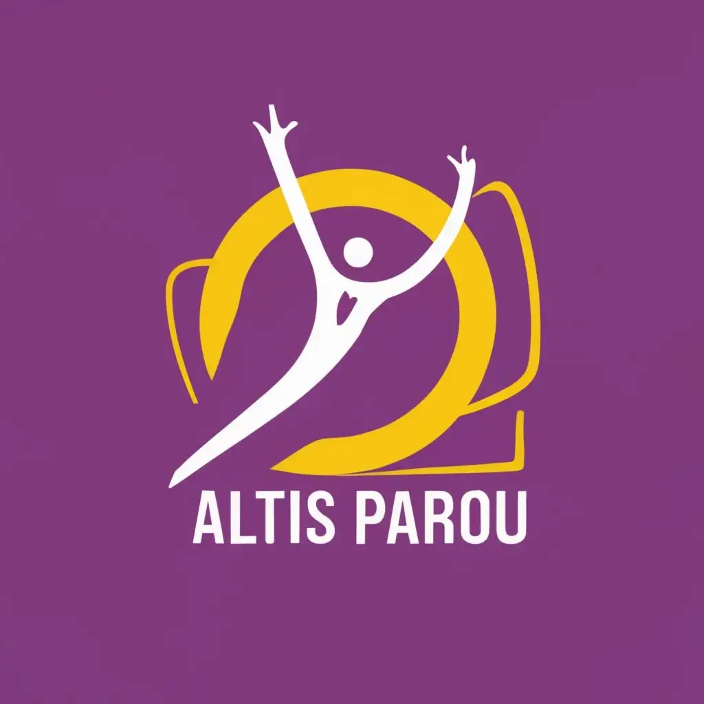 logo, A trampoline athlete with yellow and purple color, with the text "Altis Parou", typography