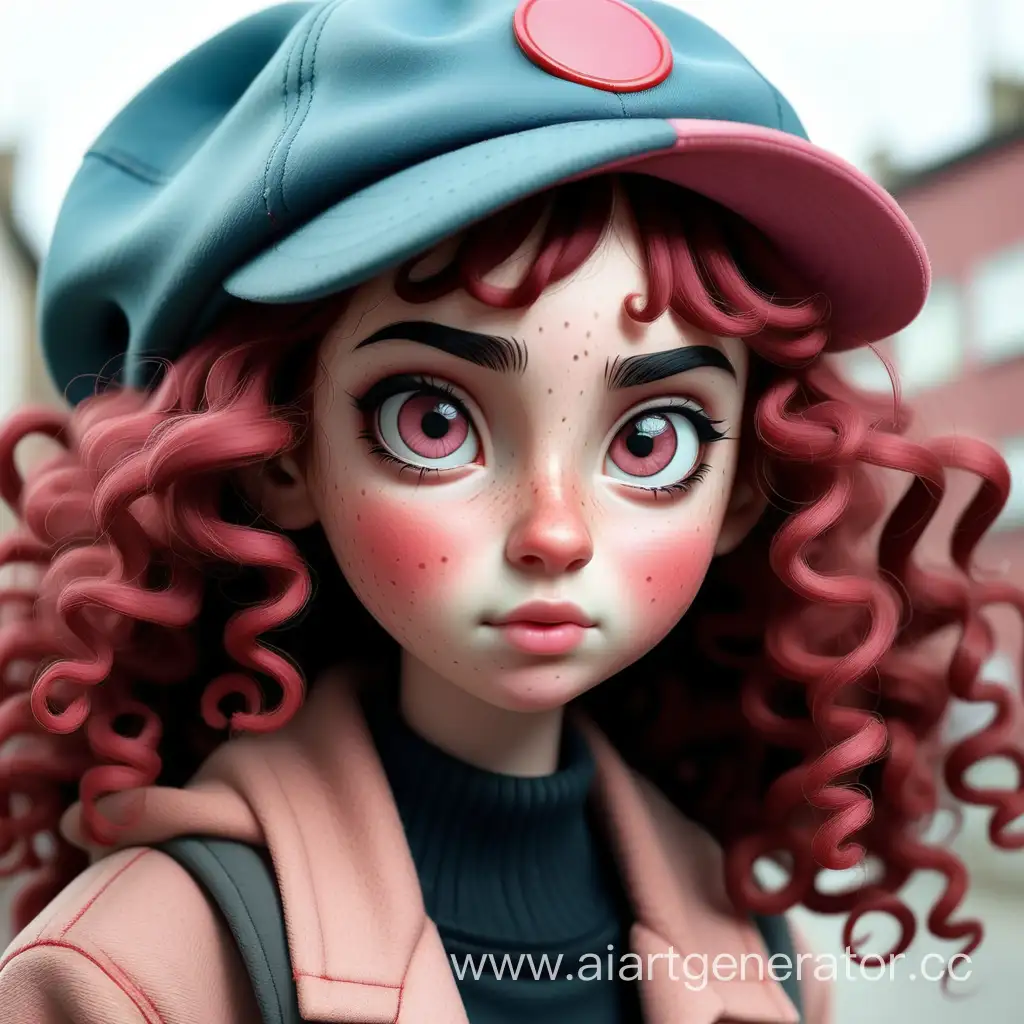 Girl-with-Big-Brown-Eyes-and-Curly-Blue-Hair-in-Red-Hat-and-Black-Jacket