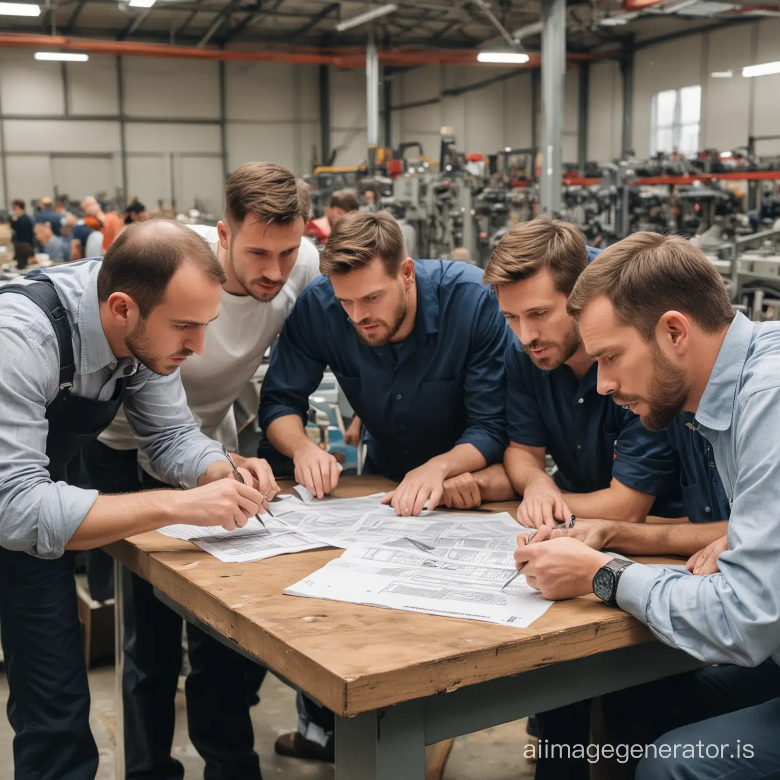 many men around in front of a table trying to understand a bad product manual in the factory