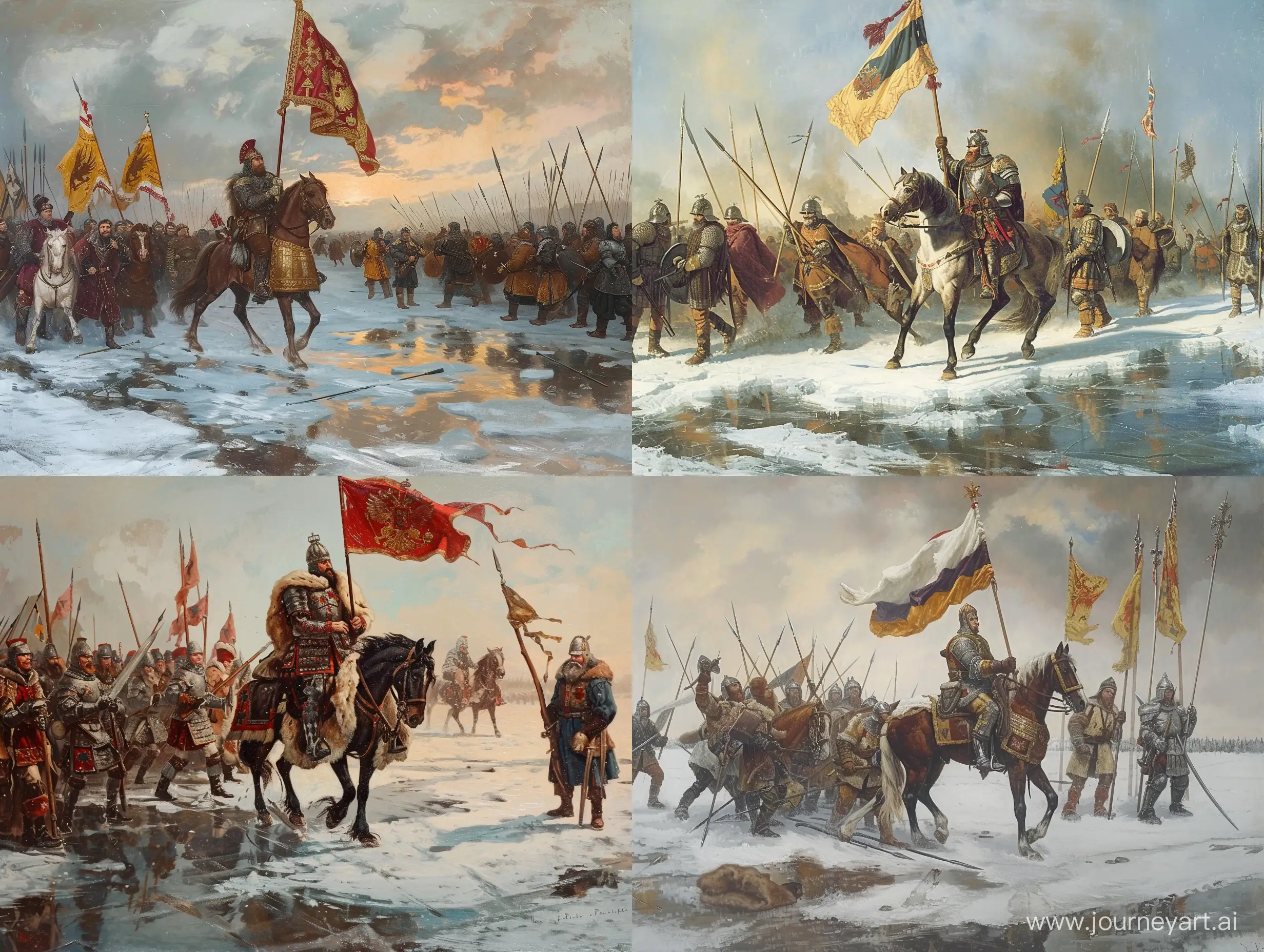 Ледовое побоище на Чудском озере, Александр Невский на коне  с флагом,шведы с копьями,флагами, в рыцарских доспехах, мечи, лед,снег