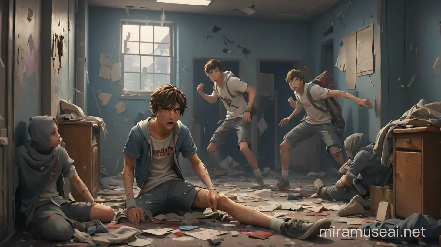 Apocalyptic High School Students in Torn Clothes Shooting in a Small Room