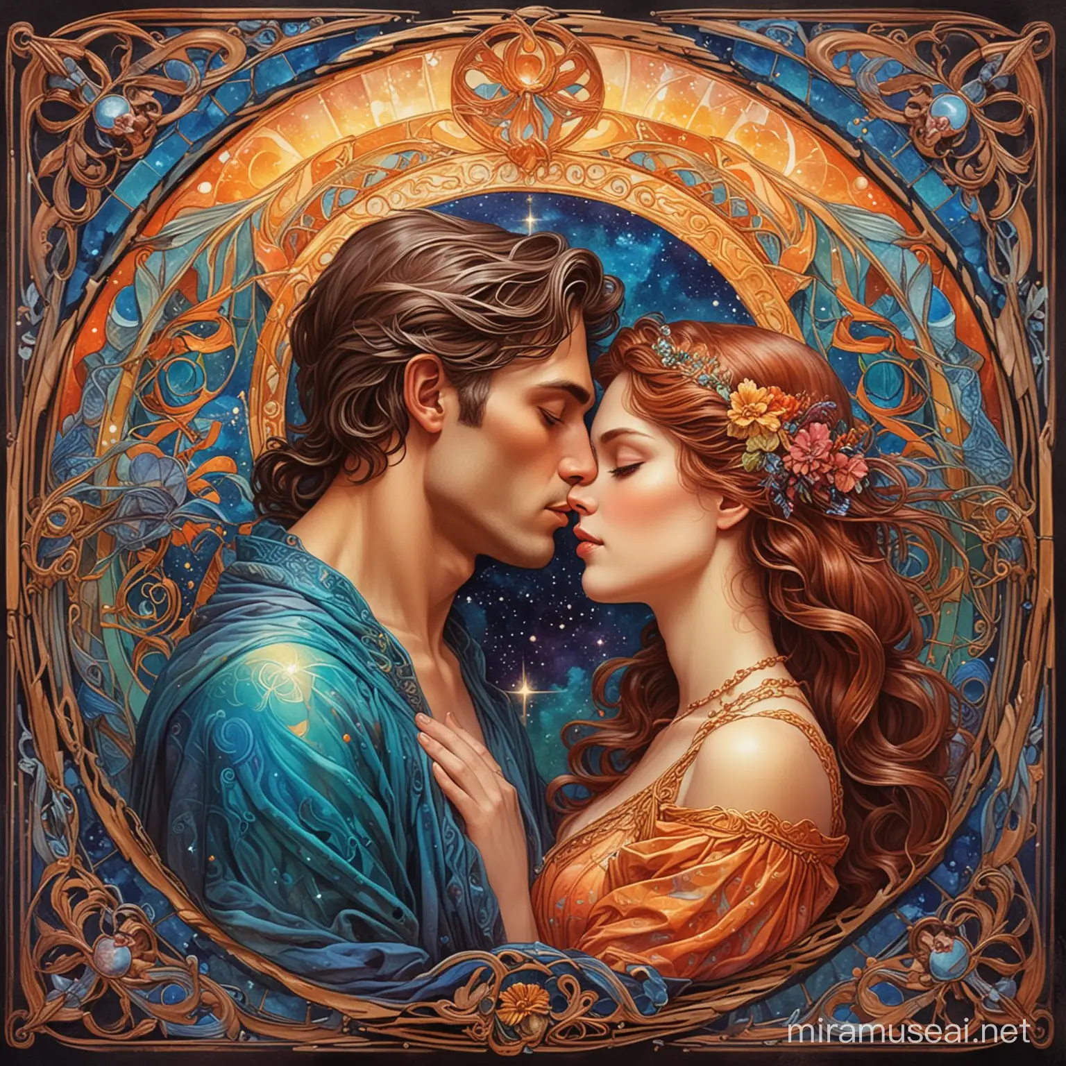 rekindled forbidden love between man and woman, art nouveau style, ancient sacred prophesy, colorful mystical worlds
