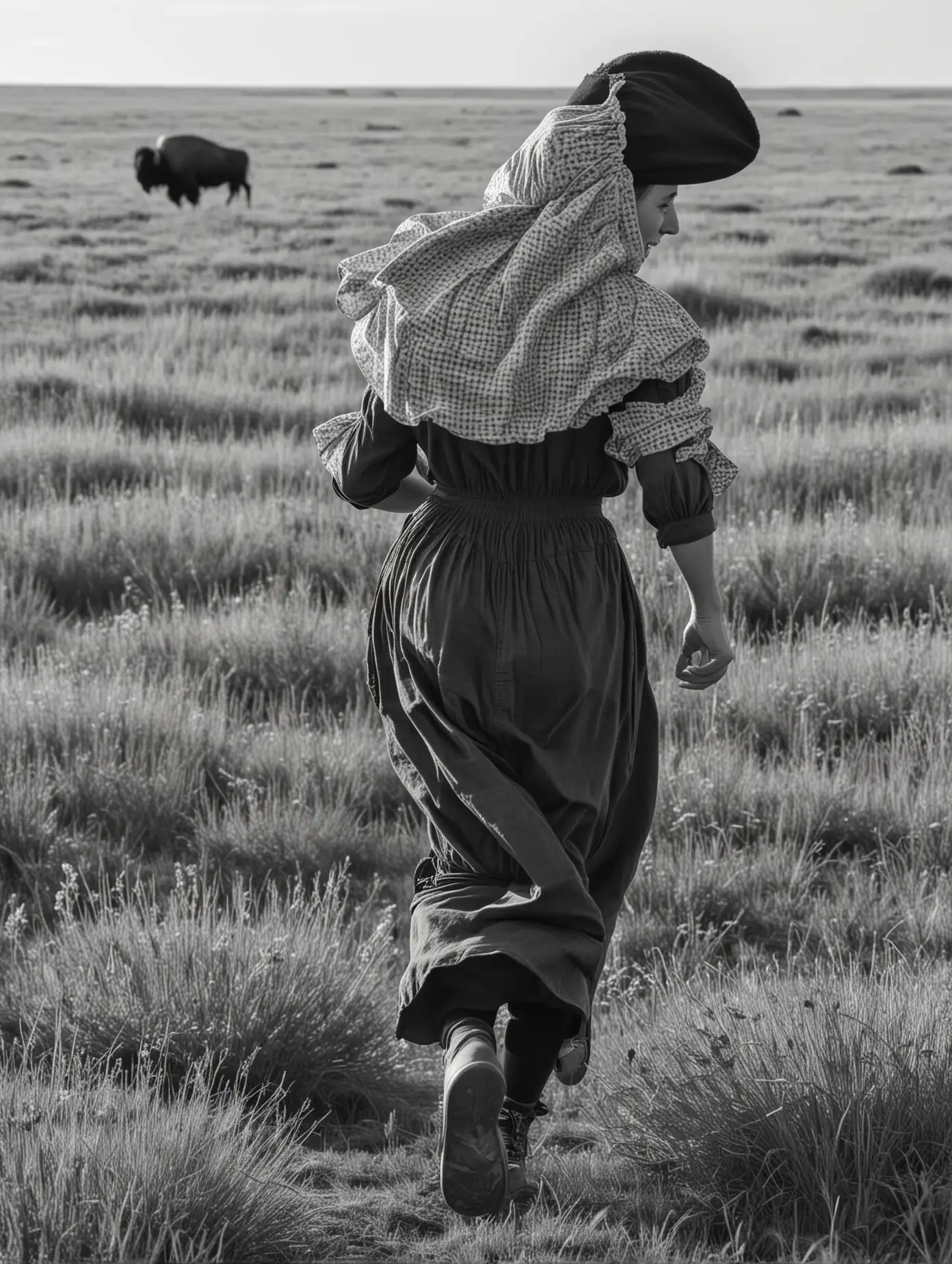 Pioneer Woman Running Across the Prairie with Buffalo in Monochrome