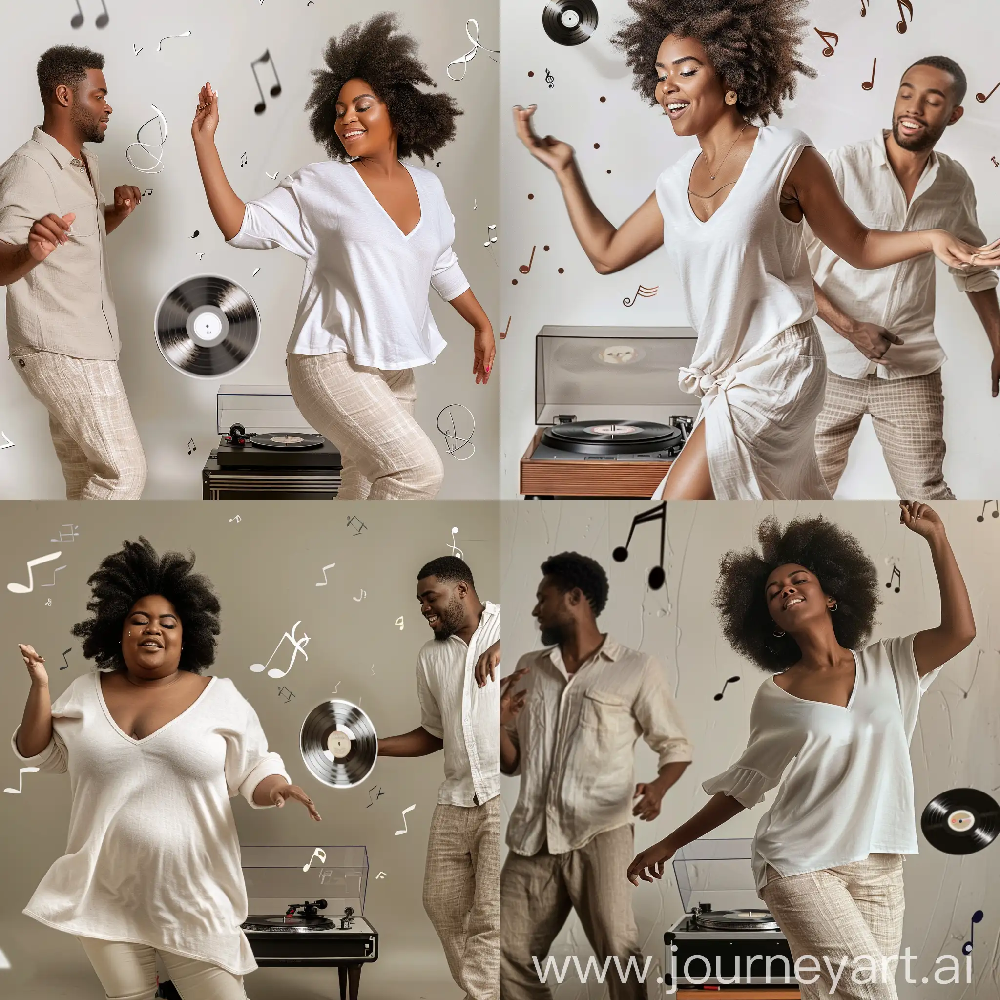 A plus-sized Black woman with a voluminous afro hairstyle is fully engaged in the joy of music, dancing rhythmically in a dynamic, joyful pose. Her outfit is a loose white V-neck top designed for movement, embodying casual elegance.  she is dancing with a black man dressed in linen pants and shirt doing the 2 step dance, The composition focuses on the woman, a spinning vinyl record on a record player, and musical notes floating in the air
