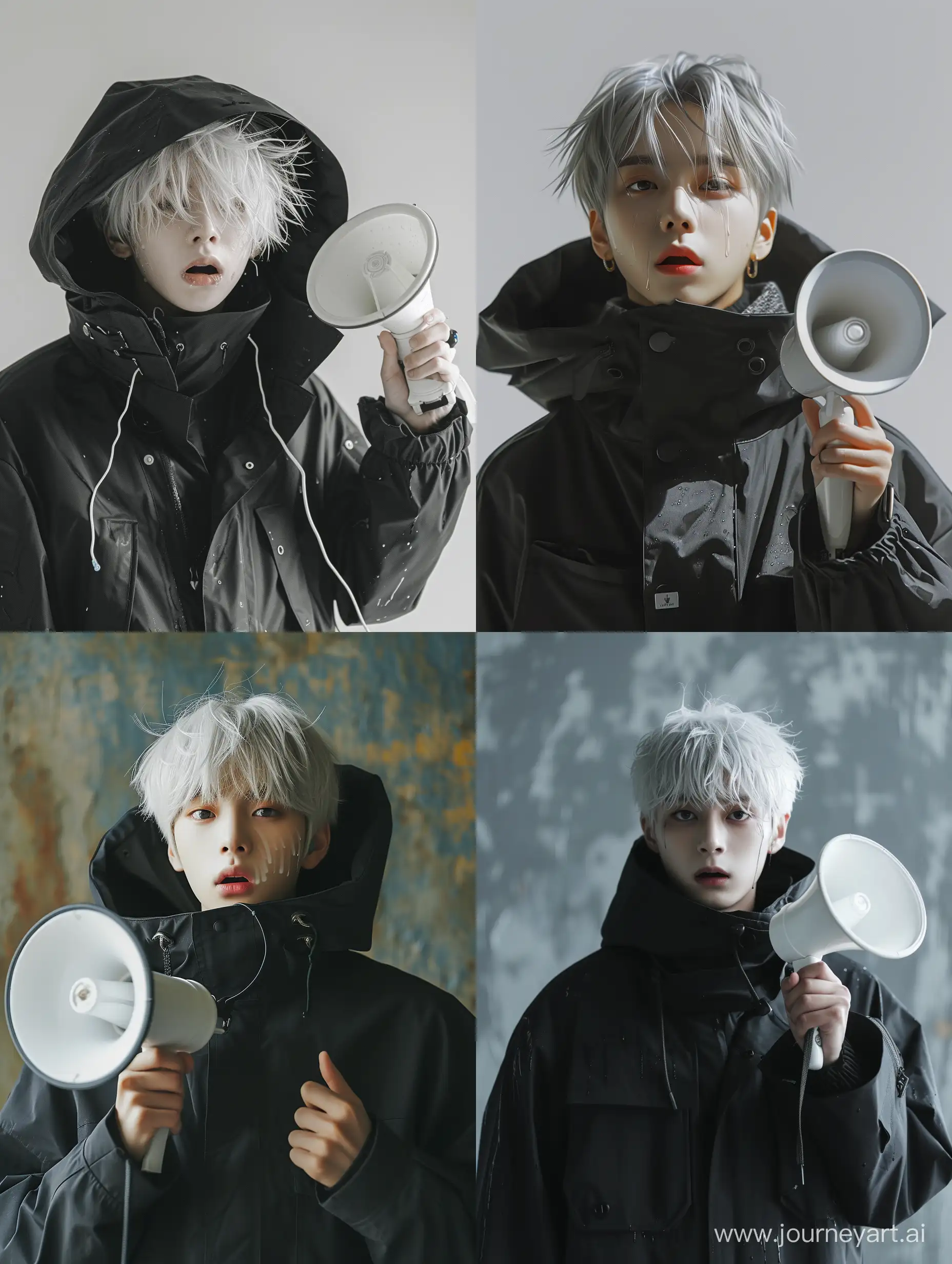 Energetic-Korean-Idol-in-Stylish-Black-Parka-Jacket-with-Megaphone