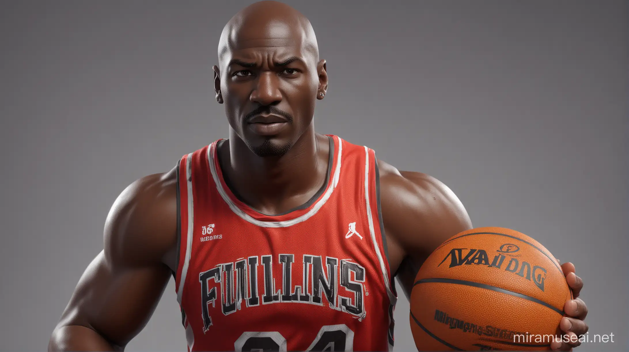 https://digibrity.com/wp-content/uploads/2021/07/Michael-Jordan-Fan-Mail-Address-300x218.jpg A fortnite style cartoon character, similar to michael jordan, from the chest up, wearing a basketball shirt, looking tough, neutral face, render style 3d, slightly anamorphic, in front basketball ball, looking at camera, face clearly visible, screenshot from UHD DVD, cartoon, ultra detail, intricate details, volumetric lighting, 3d model, fake, photography, digital art, 8k, future, cinematic, Photography, ultra wide angle, depth of field, hyper detailed, incredible details, intricate details, beautifully gradient color, Unreal Engine 5, Cinematic, Video game, Fortnite Taken with a 25 mm lens --ar 9:16