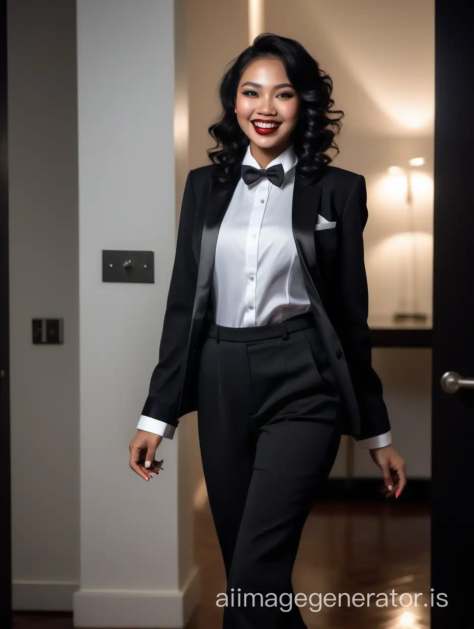 It is night. The lighting is dim. The scene is the room in a wealthy mansion. A beautiful smiling and laughing indonesian woman with tan skin, wavy black hair, and lipstick, mid-twenties of age, is walking straight forward, looking at the viewer.  She is wearing a tuxedo with an open black jacket and black pants.  Her shirt is white with double french cuffs and a wing collar.  Her bowtie is black.   Her cufflinks are large and black.  She is wearing shiny black high heels. She is smiling and laughing.  Photorealistic, best quality raw photo.
