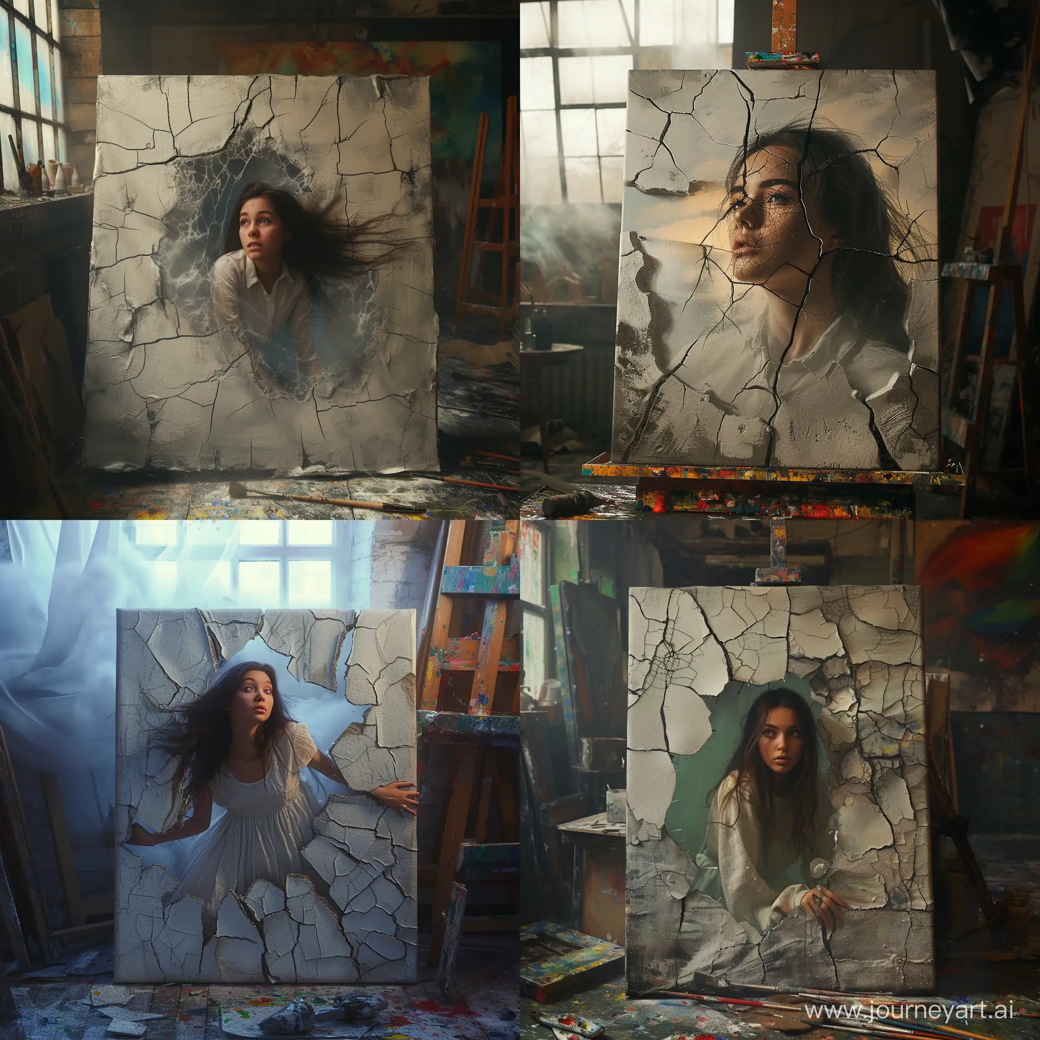 Realistic photo, full frame, Surreal, full length drawing of a young woman on canvas comes to life and gets out of an  canvas, cracked oil paint on an layered canvas, an canvas in an artist is studio, interior glow in the cracks, colorful, dramatic lighting and shadows, fog, realistic rendering, high detail ,deep rendering of the background, hyperrealistic