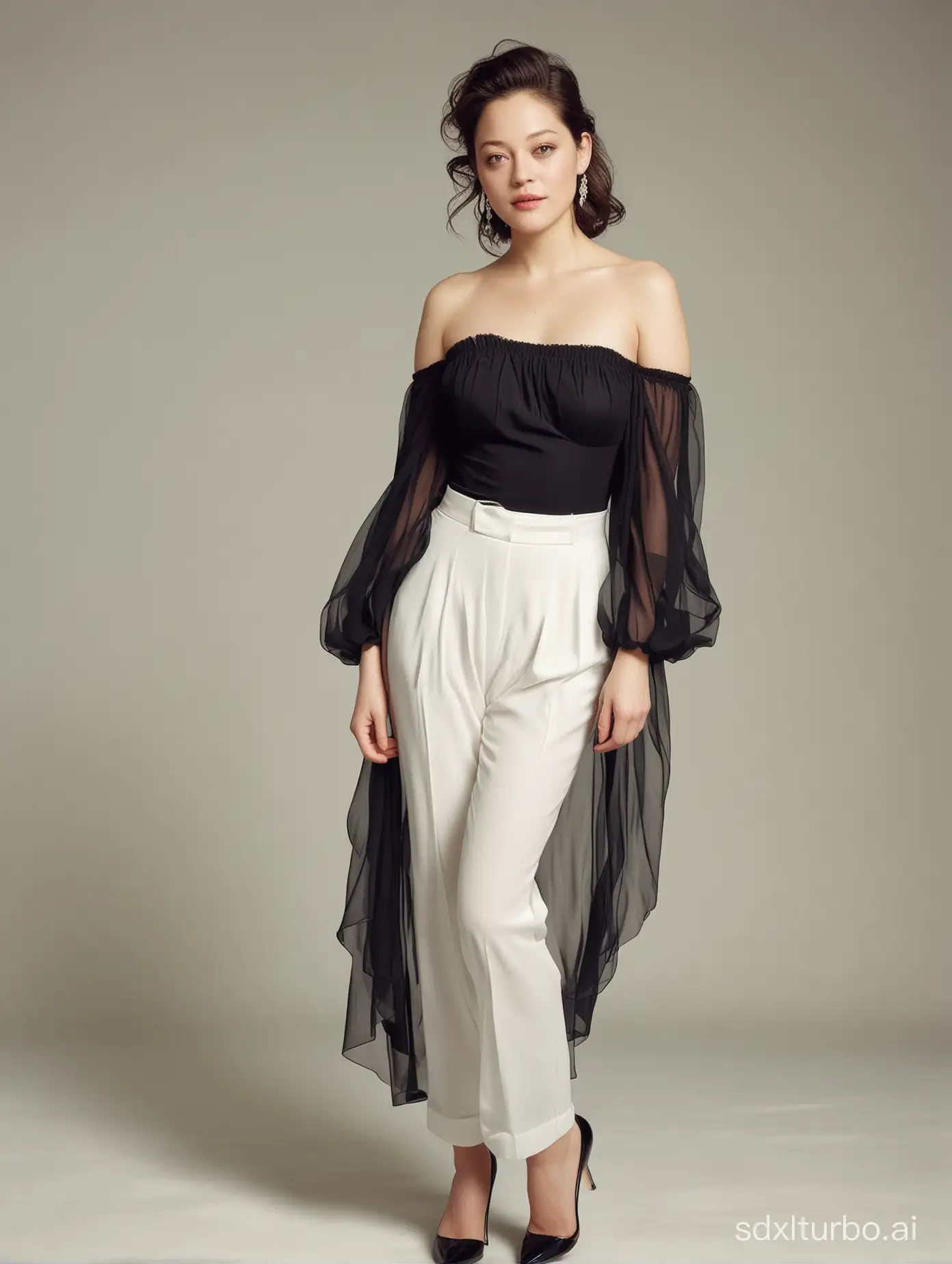 1 chinese woman，like  Marion Cotillard, huge breast，sexy， happy , （(black off-shoulder dress )), White sheer pants, long legs,Photograph by Loretta Lux