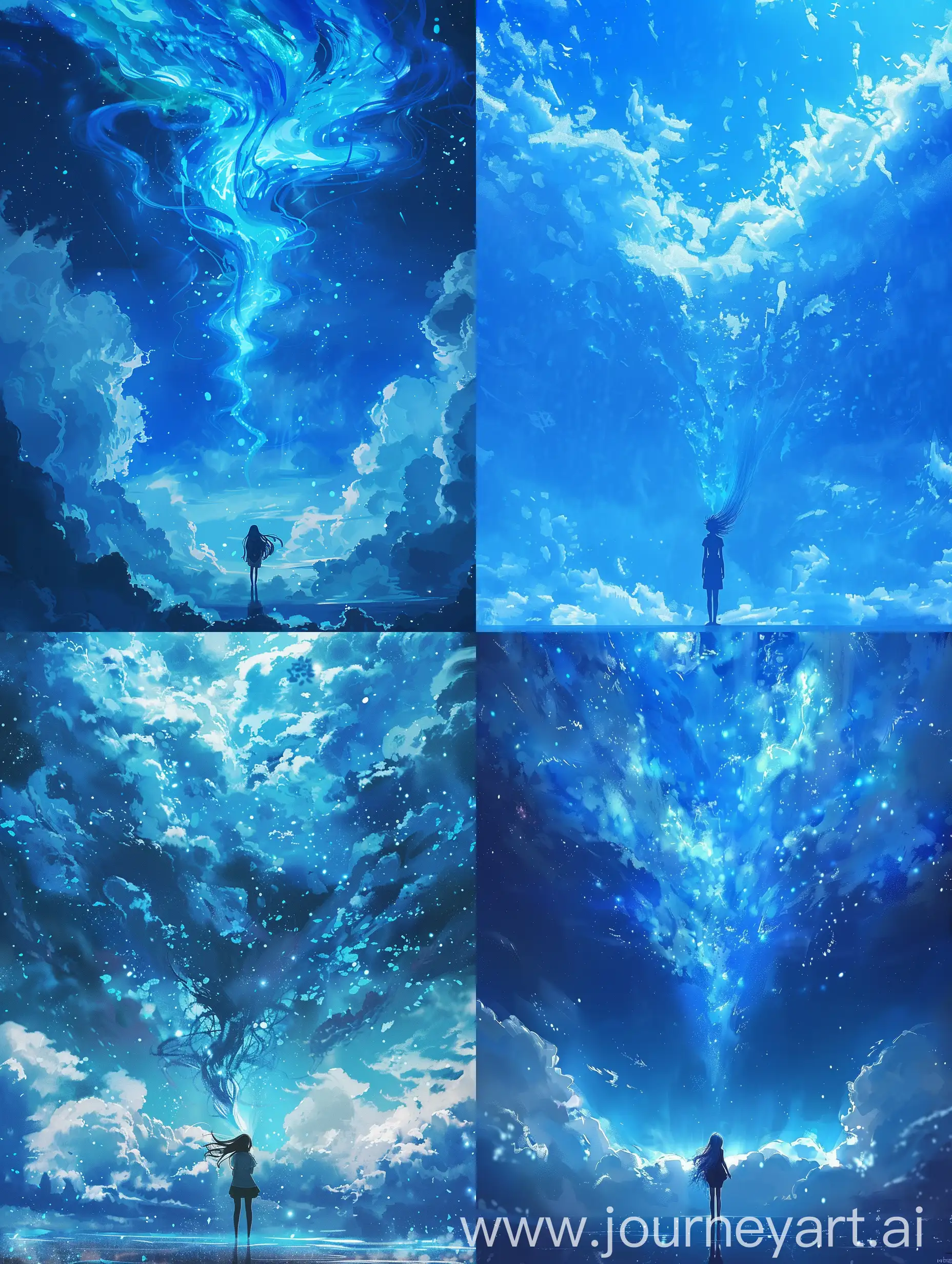 Create a mesmerizing scene where a character stands beneath a fantasy blue sky, their hair dissolving into the heavens above, blending seamlessly with the clouds. Make it an anime-inspired image that feels both magical and realistic."