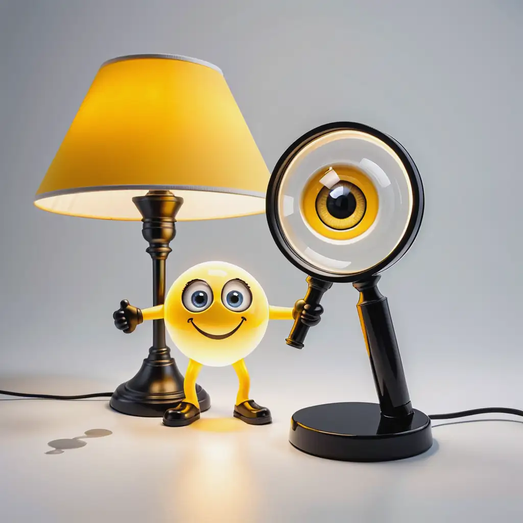 Whimsical Childlike Lamp with Enlarged Detail in Yellow Black and White