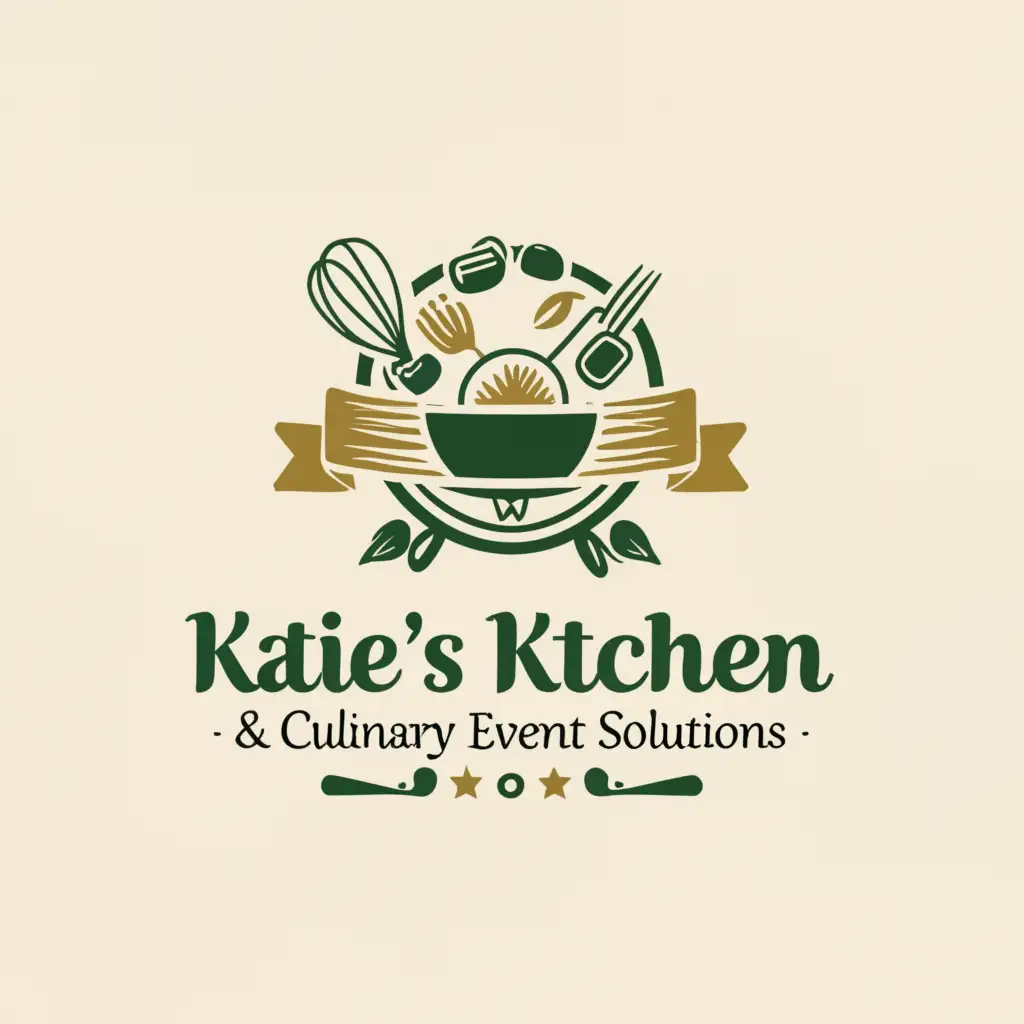 a logo design,with the text "Katie's Kitchen & Culinary Event Solutions", main symbol:food, beverage, and events logo with emerald green, black, and gold colors,Moderate,be used in Retail industry,clear background