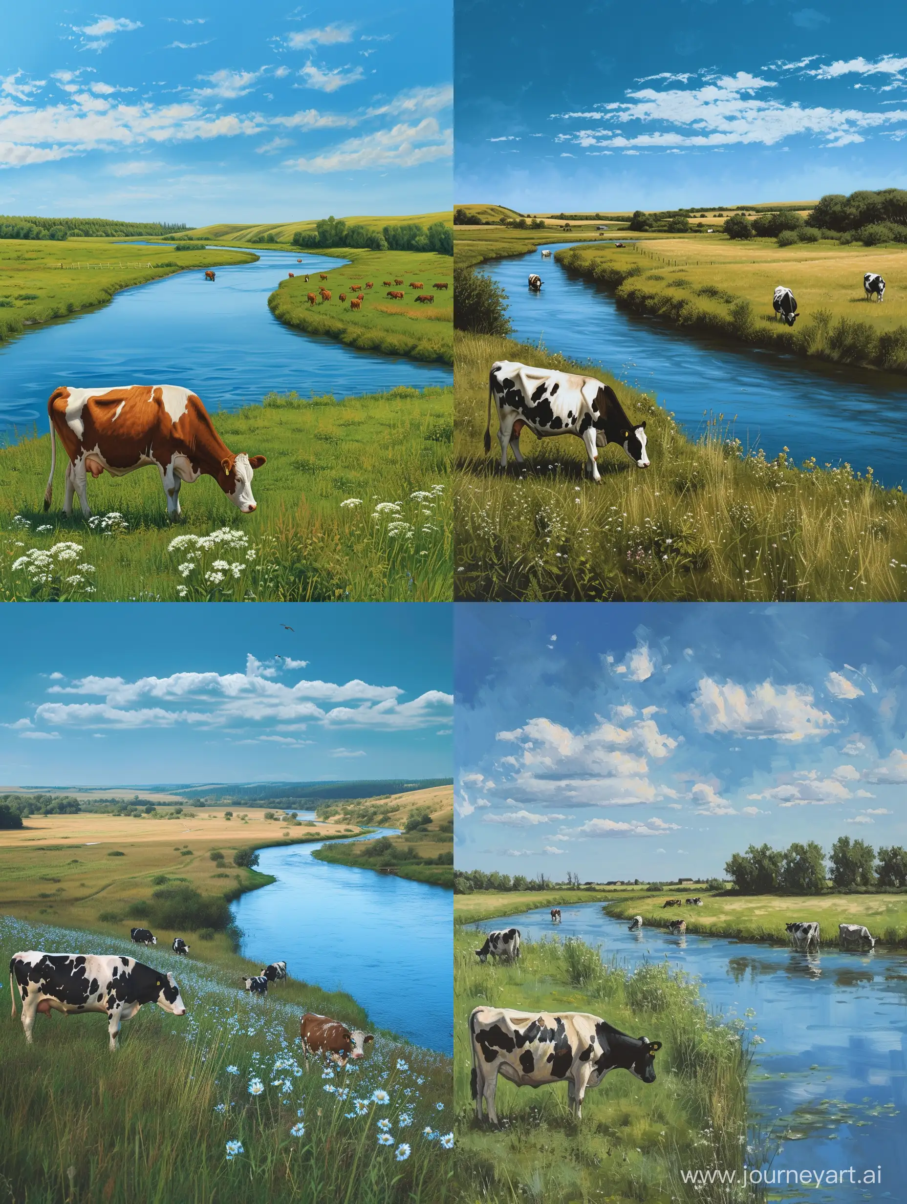 Ферма, коровы пасутся на лугу, река, голубое небо