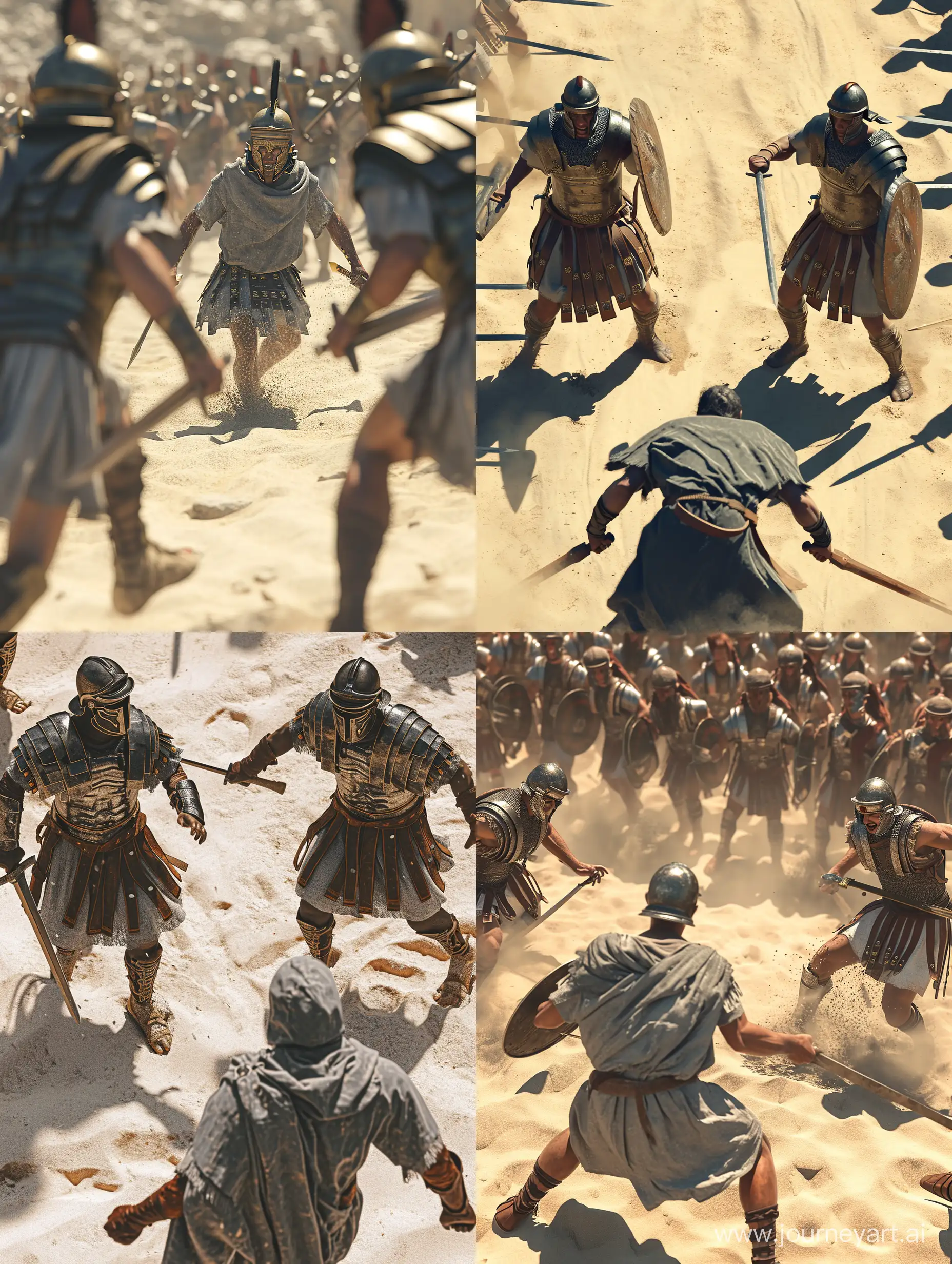 создай картинку два рядовых римских легионера бьют легионера в серой тунике, под ногами песок, стиль dark souls, высокая детализация, максимальный реализм, 16K