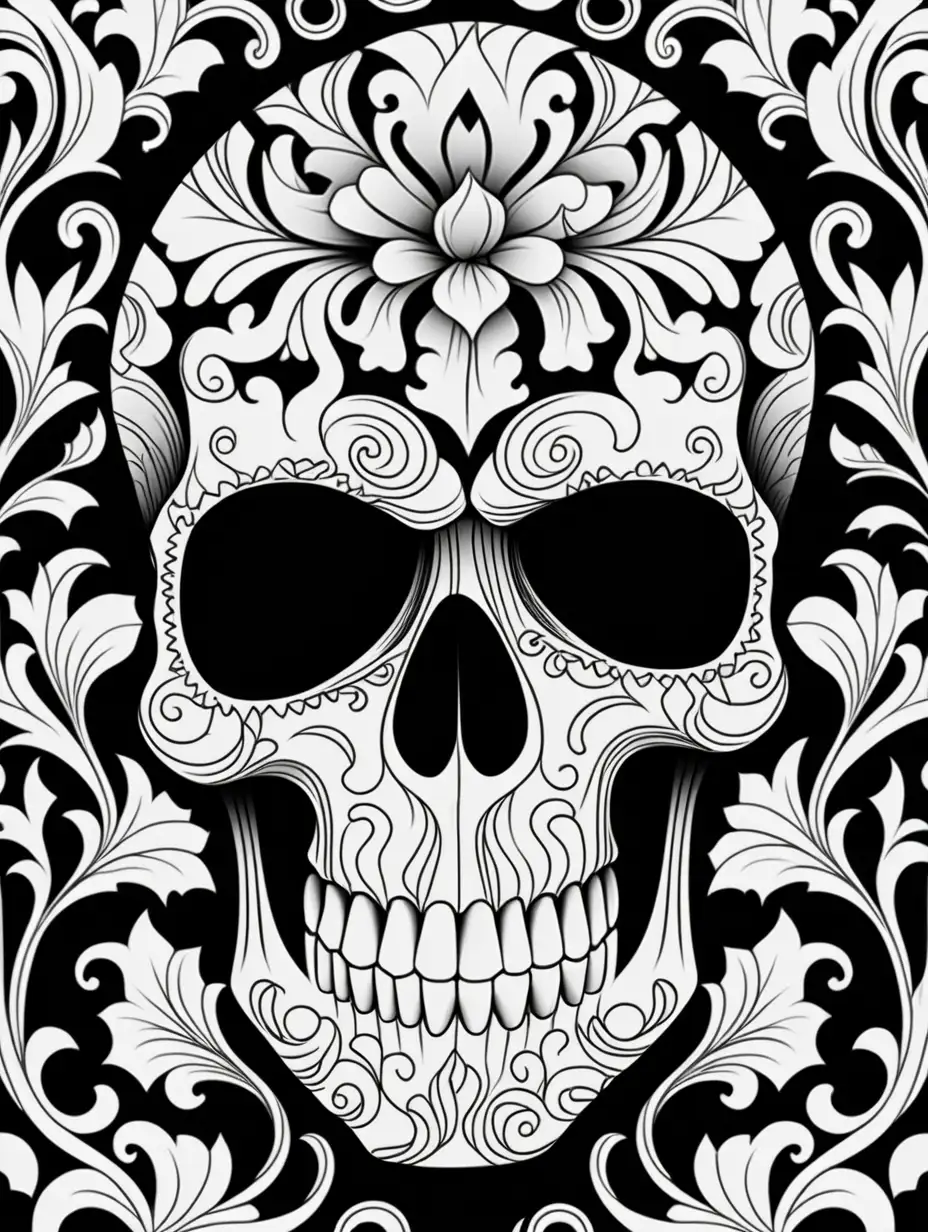 black lines, no shading, skull, no color, damask Motif Pattern outlined, outline drawing, unfilled patterns, black lines, no shading, coloring book page,  clean line art, line art, no shading, clear edges, coloring book, black and white, no color, line work for coloring