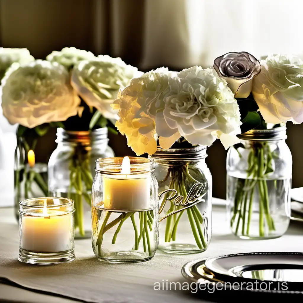 The Classic Elegance Mason Jar Centerpiece stands as a symbol of timeless beauty. It combines the transparent allure of glass with the delicate charm of floral arrangements, all while being illuminated by the soft glow of candlelight.