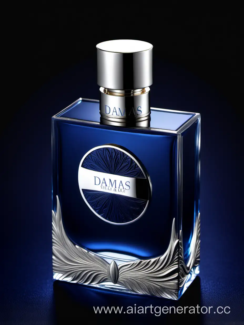 A luxurious (((silver and dark matt blue perfume))), textured crafted with intricate 3D details reflecting light around a ((black background)), with a elegant ((Damas text logo))