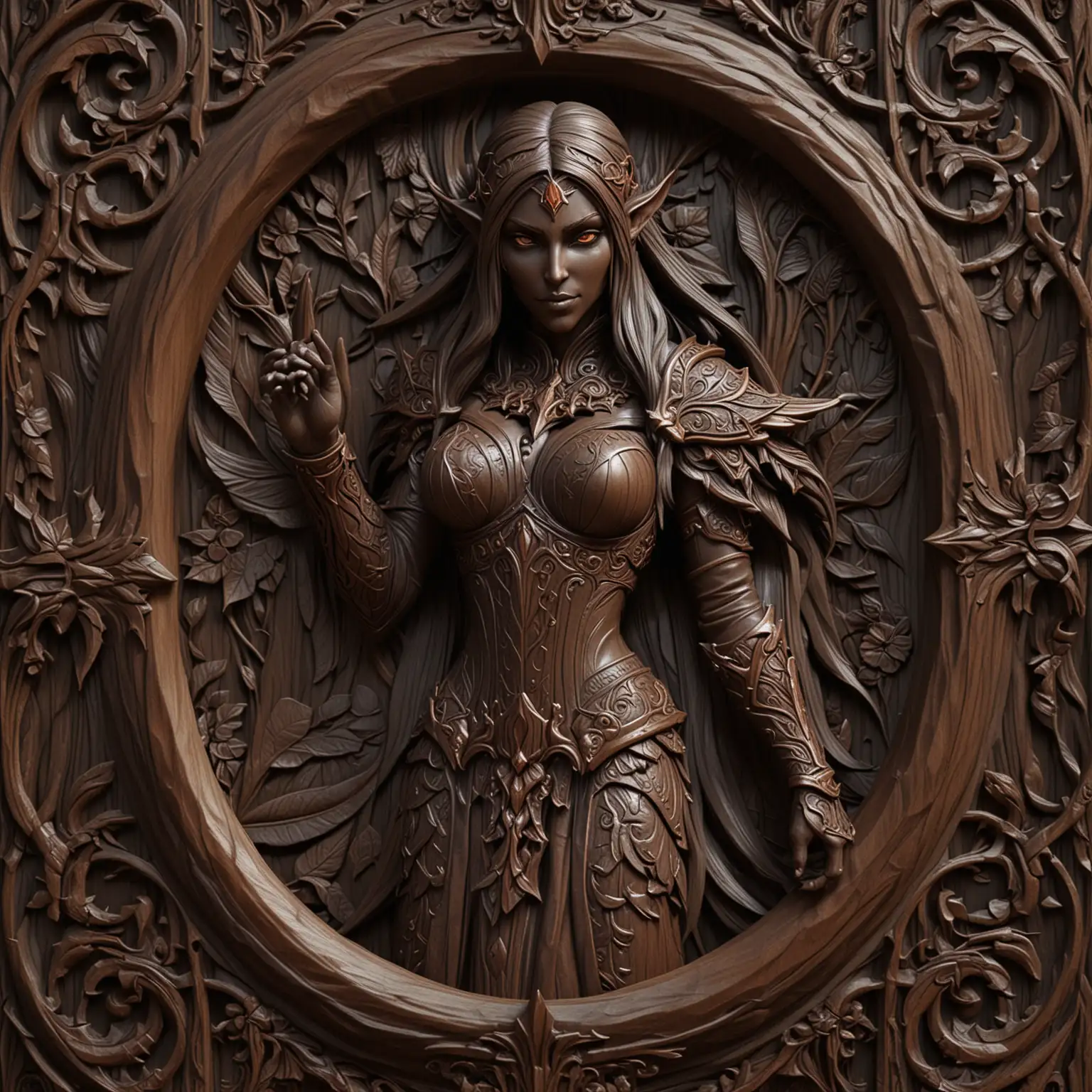 seamless and tilable CARVED DARK WOOD, FINELY CARVED WITH CARVED FRAME, FEATURING FULL BODY BLOOD ELF FEMALE IN THE STYLE OF SYLVANAS WINDRUNNER OF WORLD OF WARCRAFT
