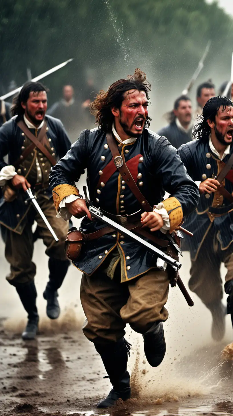Soldados de los tercios españoles del siglo XVII  disparando,pelo mojado,barba,corriendo hacia el combate, lluvia,un campo de batalla.