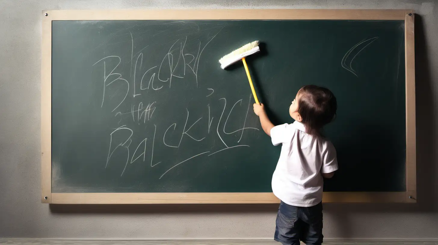 Child Engaged in Blackboard Cleaning During a Photoshoot