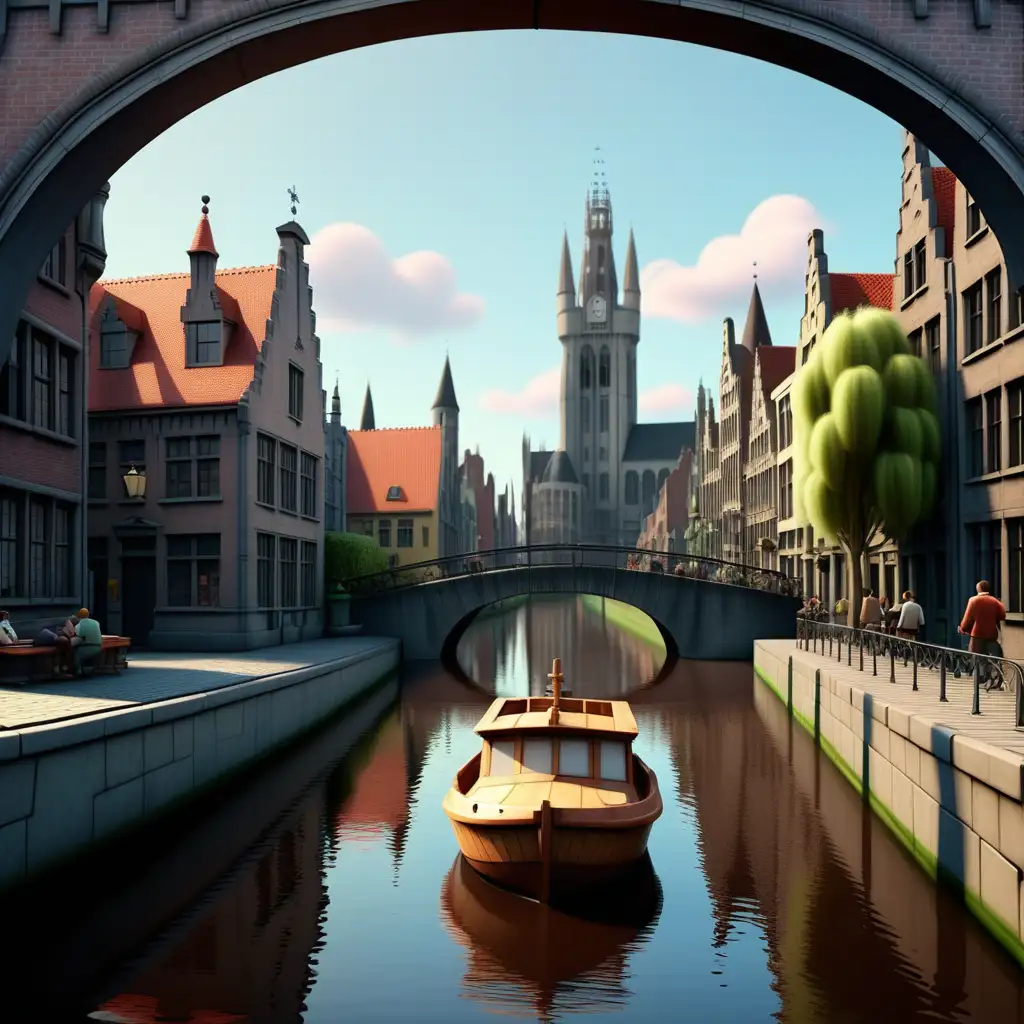 Scenic Ghent Canal with Charming Boat Crossing Disney Pixar Style